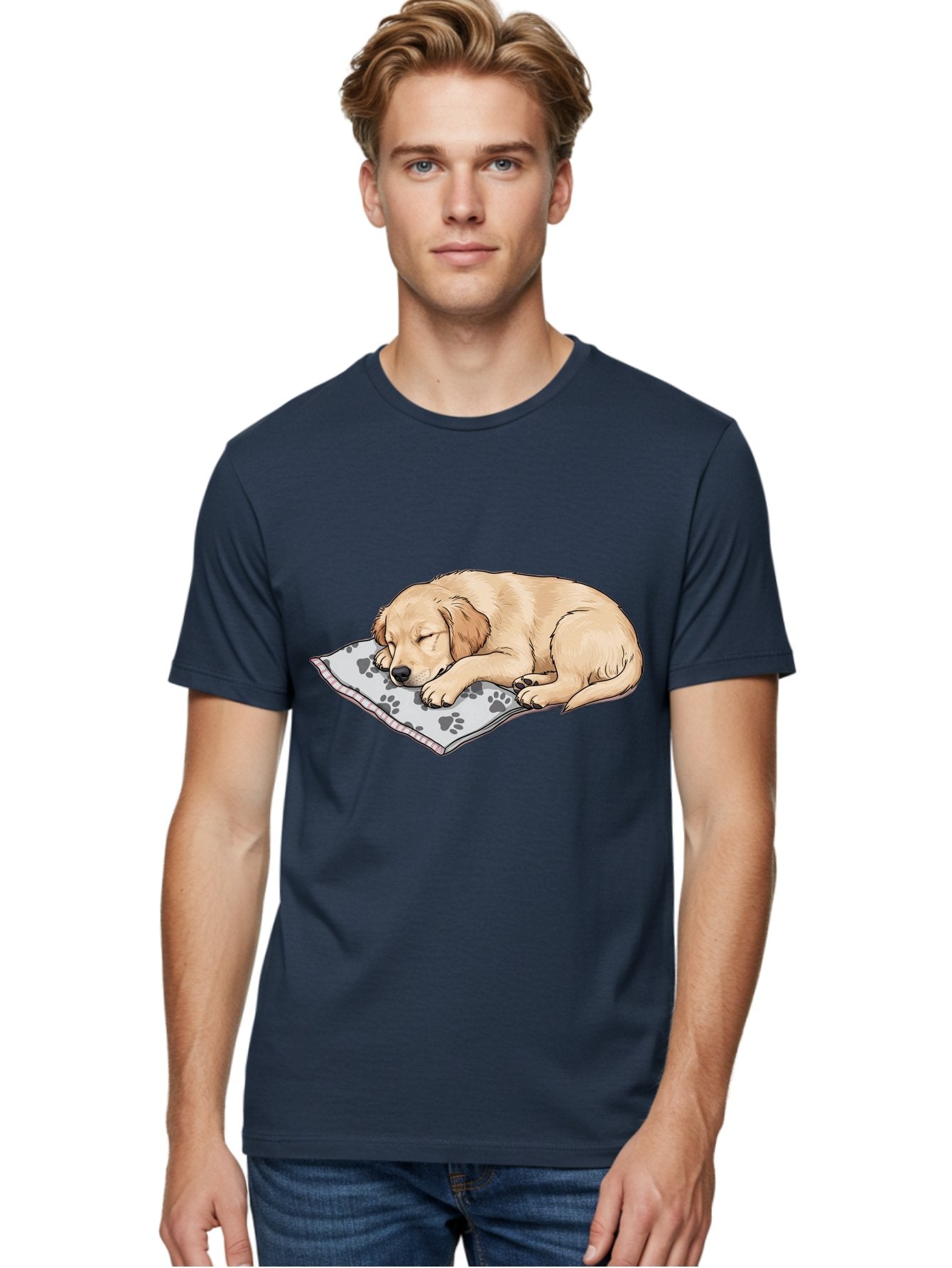 Puppy-Sleeping-On-Paw-Print-Blanket Men'S Graphic Tee, 100% Cotton, Comfortable Casual Summer Wear, Machine Washable, Sleeping Puppy, Golden Retriever, Animal Rest, Dog Blanket, Paw Prints, Cozy Atmosphere, Cartoon Illustration, Adorable Pet Bac351 27