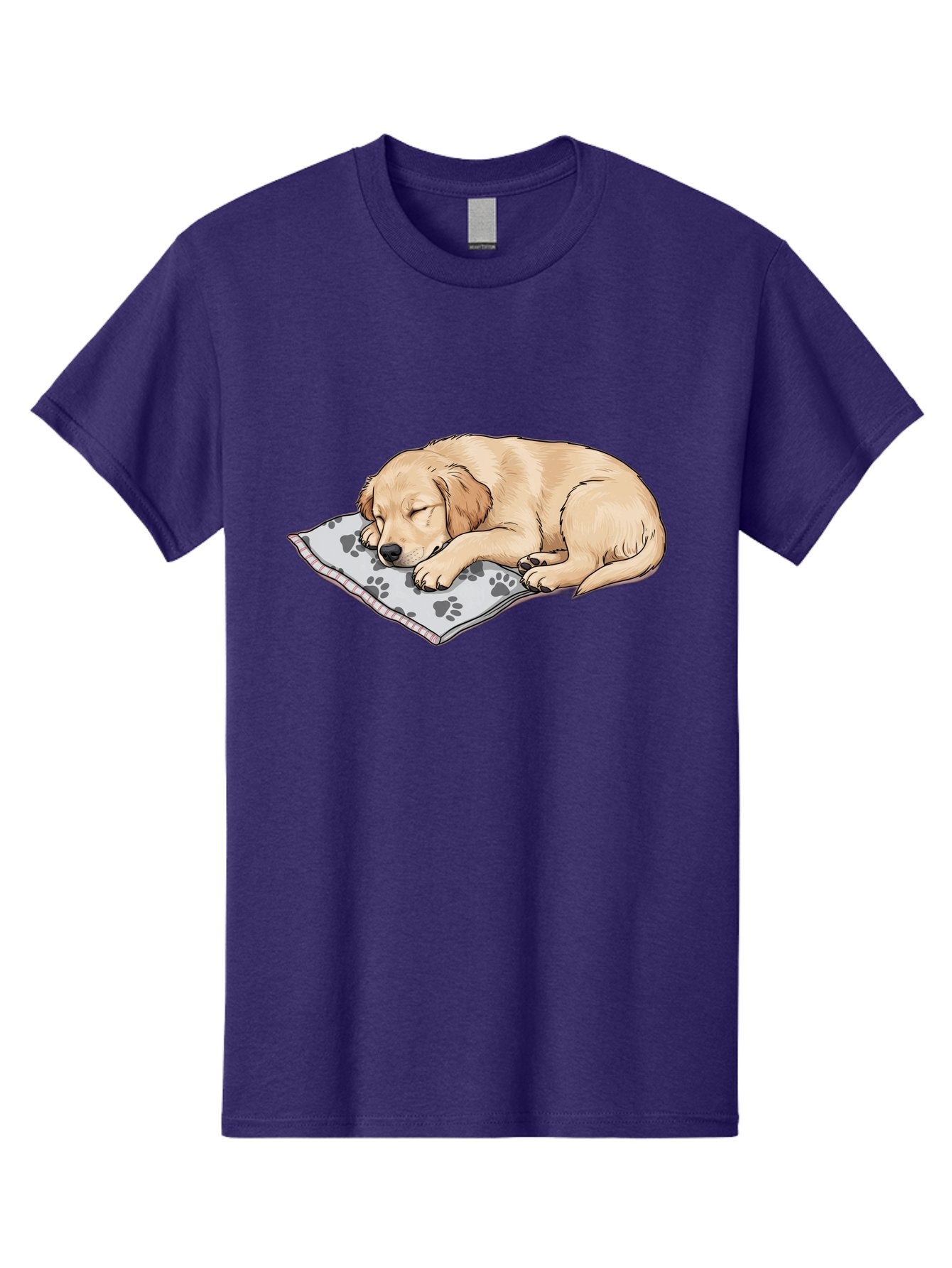 Puppy-Sleeping-On-Paw-Print-Blanket Men'S Graphic Tee, 100% Cotton, Comfortable Casual Summer Wear, Machine Washable, Sleeping Puppy, Golden Retriever, Animal Rest, Dog Blanket, Paw Prints, Cozy Atmosphere, Cartoon Illustration, Adorable Pet Bac351 5