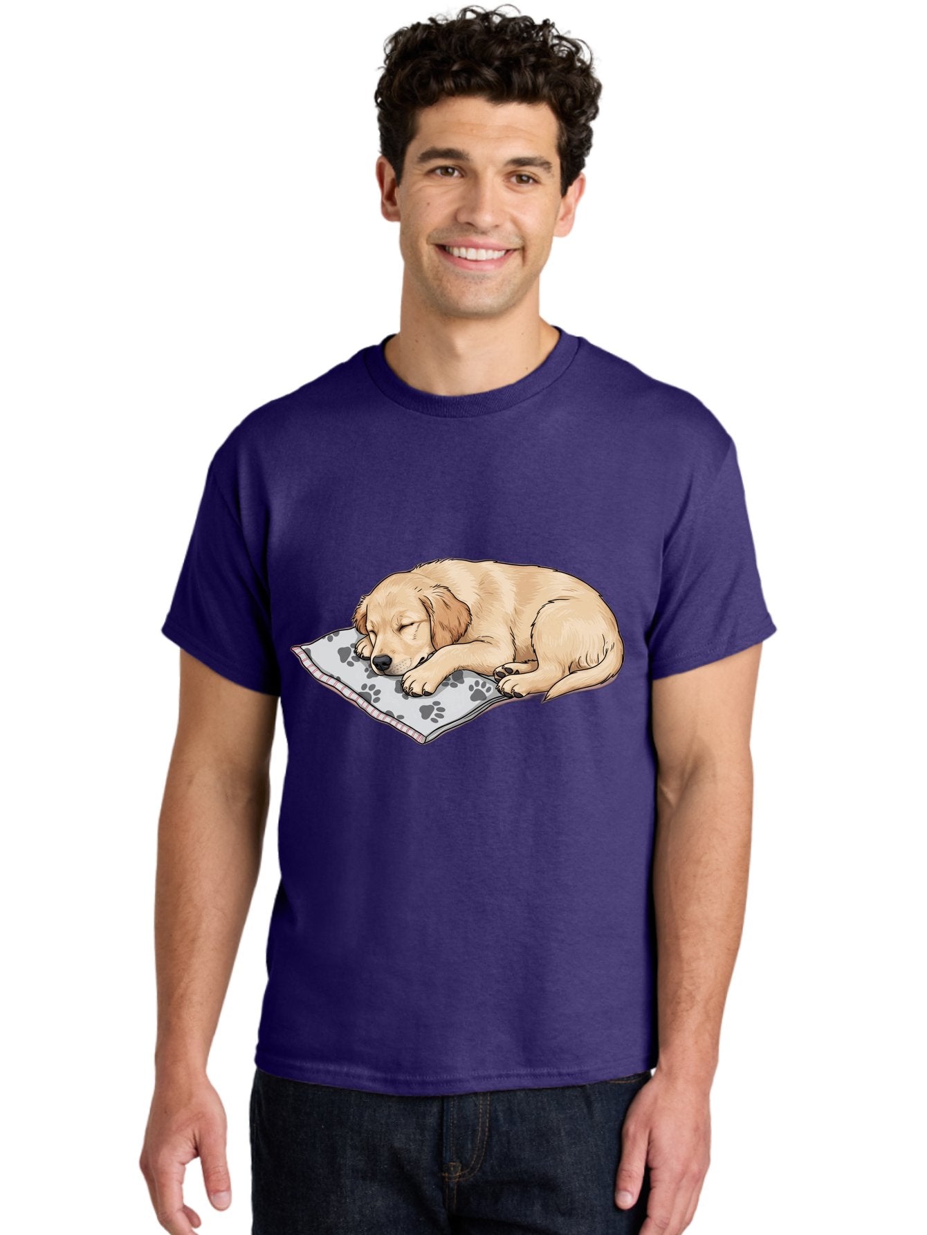 Puppy-Sleeping-On-Paw-Print-Blanket Men'S Graphic Tee, 100% Cotton, Comfortable Casual Summer Wear, Machine Washable, Sleeping Puppy, Golden Retriever, Animal Rest, Dog Blanket, Paw Prints, Cozy Atmosphere, Cartoon Illustration, Adorable Pet Bac351 23