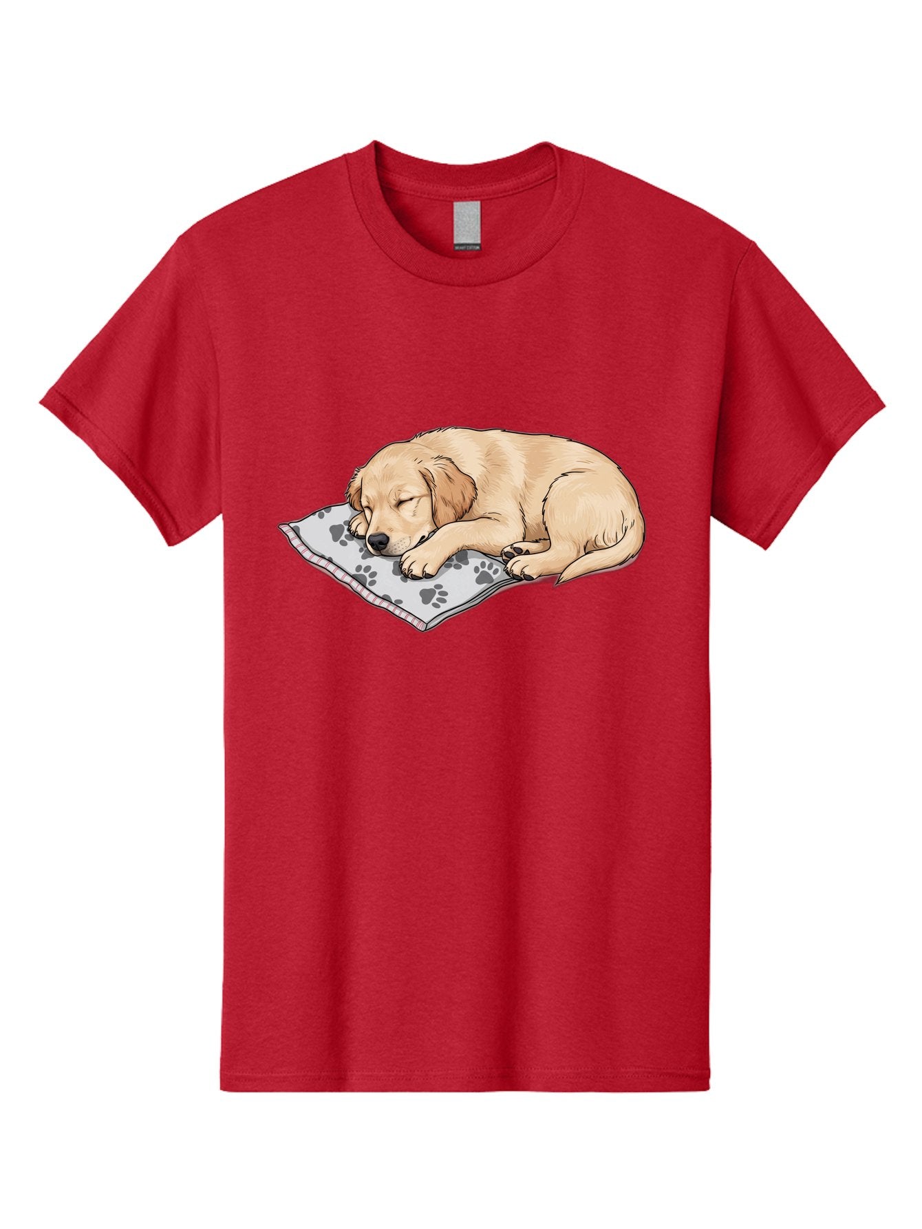 Puppy-Sleeping-On-Paw-Print-Blanket Men'S Graphic Tee, 100% Cotton, Comfortable Casual Summer Wear, Machine Washable, Sleeping Puppy, Golden Retriever, Animal Rest, Dog Blanket, Paw Prints, Cozy Atmosphere, Cartoon Illustration, Adorable Pet Bac351 13
