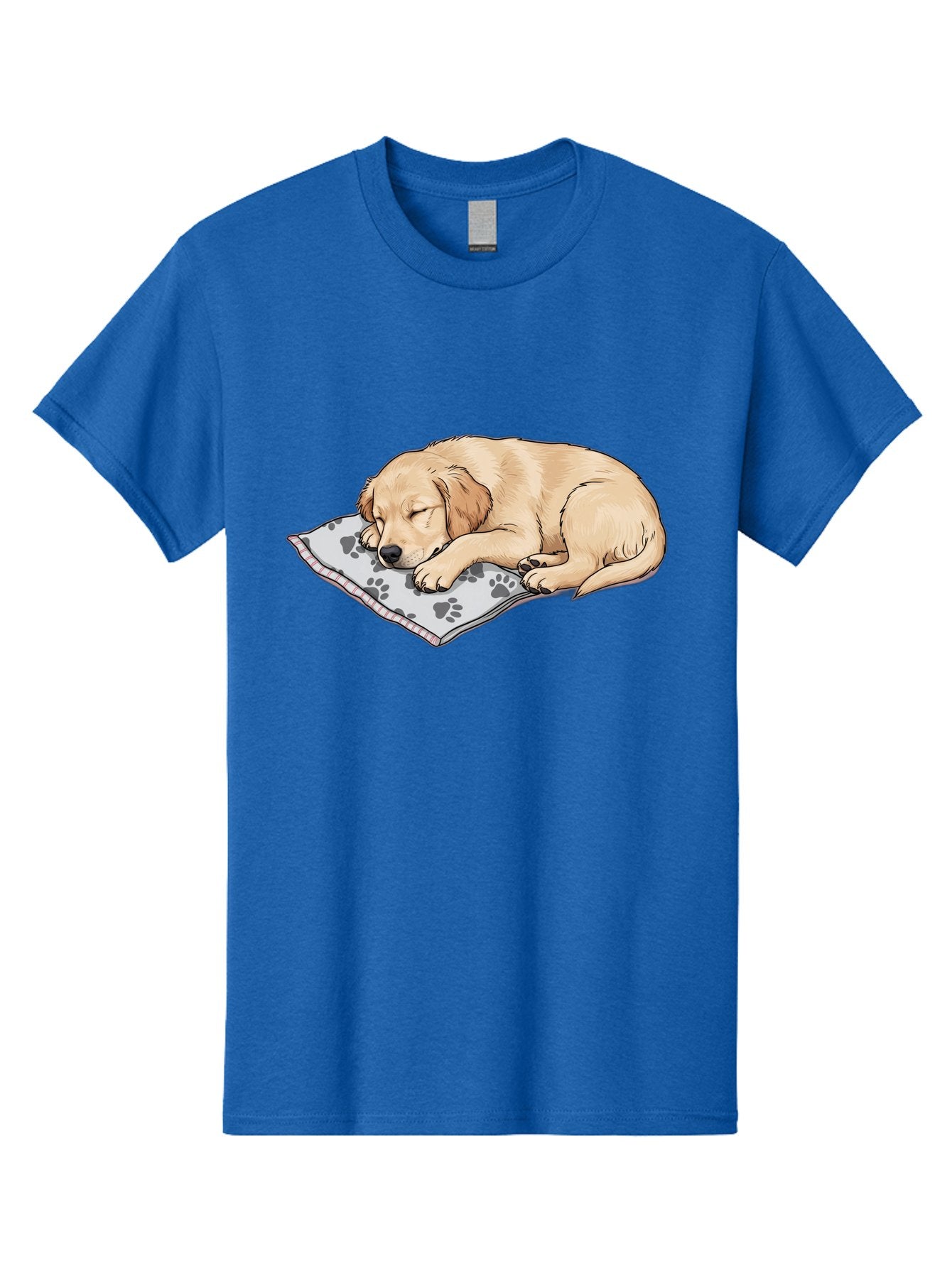 Puppy-Sleeping-On-Paw-Print-Blanket Men'S Graphic Tee, 100% Cotton, Comfortable Casual Summer Wear, Machine Washable, Sleeping Puppy, Golden Retriever, Animal Rest, Dog Blanket, Paw Prints, Cozy Atmosphere, Cartoon Illustration, Adorable Pet Bac351 10