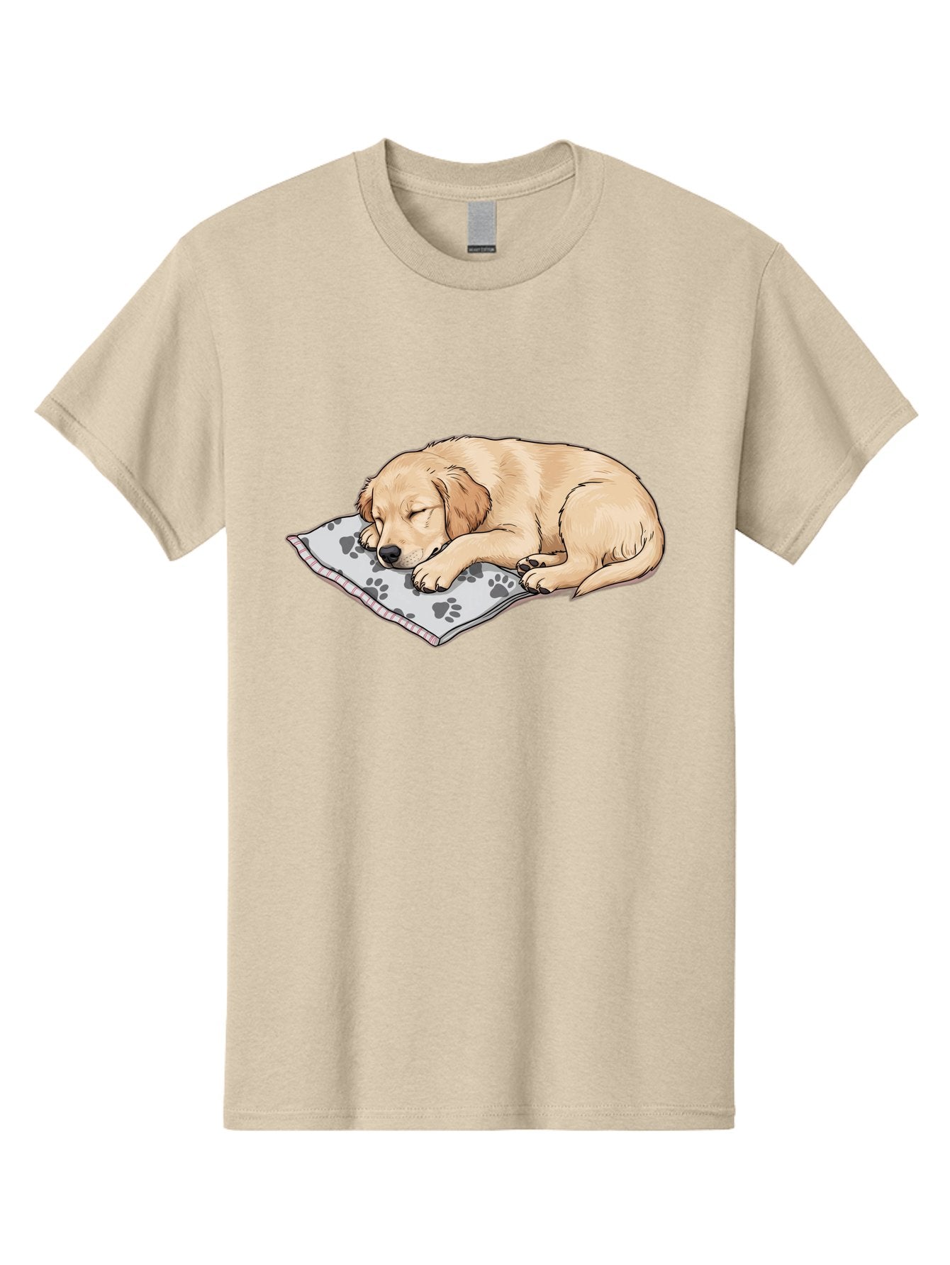 Puppy-Sleeping-On-Paw-Print-Blanket Men'S Graphic Tee, 100% Cotton, Comfortable Casual Summer Wear, Machine Washable, Sleeping Puppy, Golden Retriever, Animal Rest, Dog Blanket, Paw Prints, Cozy Atmosphere, Cartoon Illustration, Adorable Pet Bac351