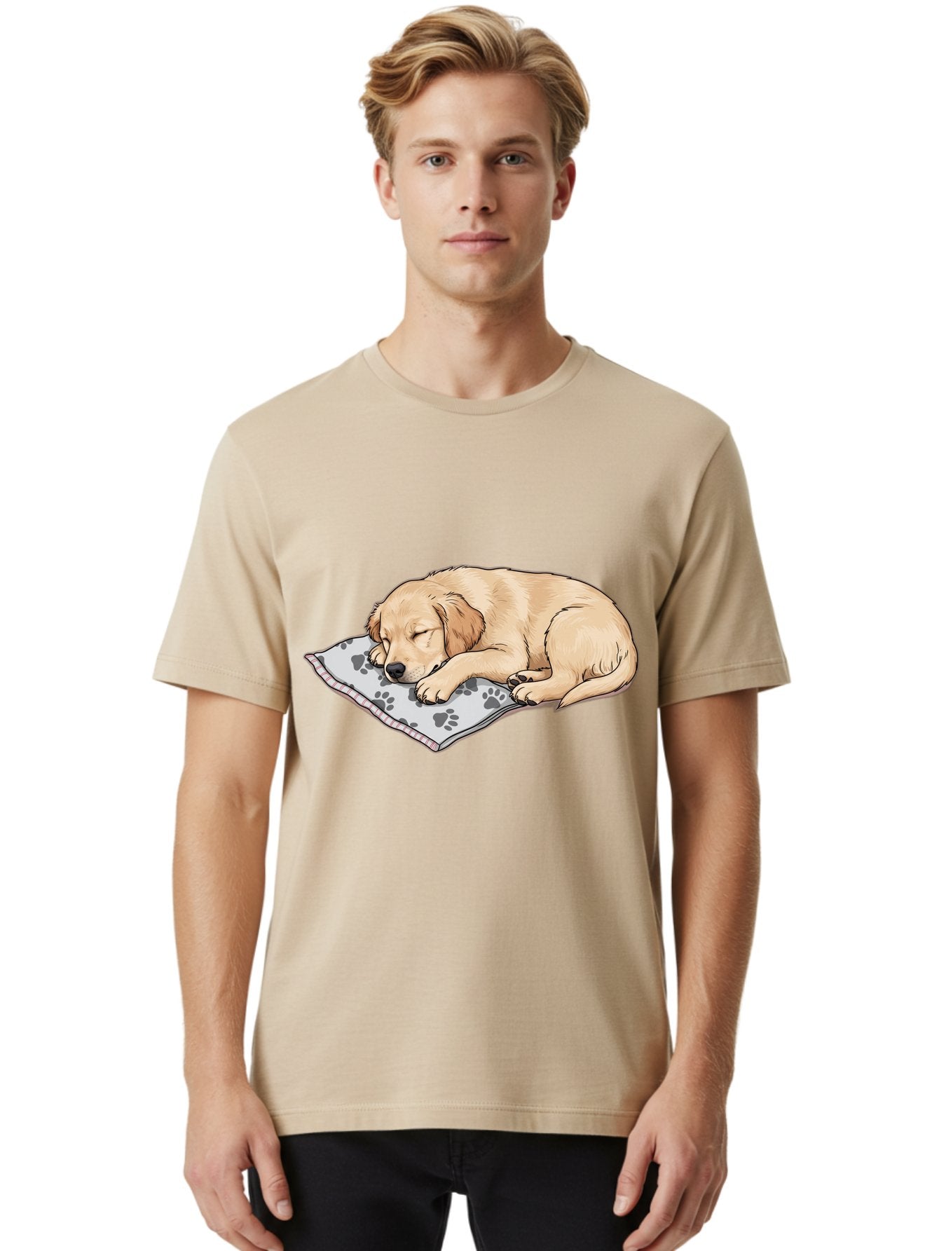 Puppy-Sleeping-On-Paw-Print-Blanket Men'S Graphic Tee, 100% Cotton, Comfortable Casual Summer Wear, Machine Washable, Sleeping Puppy, Golden Retriever, Animal Rest, Dog Blanket, Paw Prints, Cozy Atmosphere, Cartoon Illustration, Adorable Pet Bac351 19