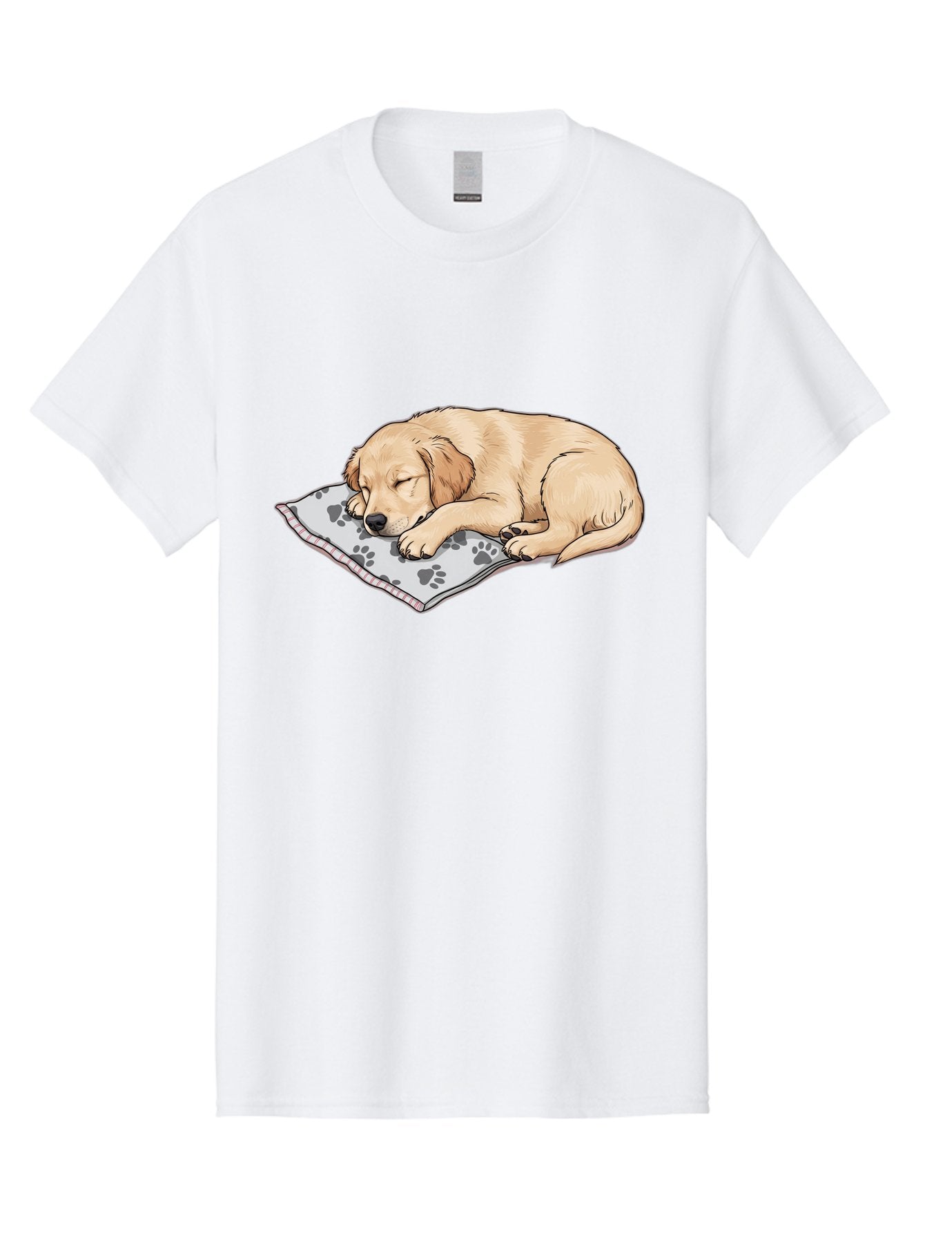 Puppy-Sleeping-On-Paw-Print-Blanket Men'S Graphic Tee, 100% Cotton, Comfortable Casual Summer Wear, Machine Washable, Sleeping Puppy, Golden Retriever, Animal Rest, Dog Blanket, Paw Prints, Cozy Atmosphere, Cartoon Illustration, Adorable Pet Bac351 12