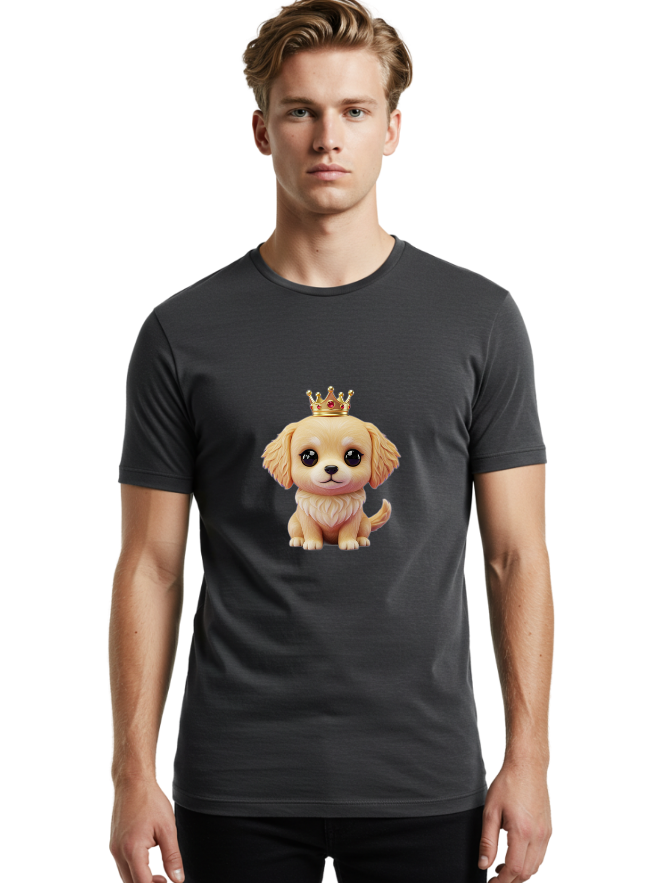 Puppy-With-Crown Men'S Graphic Tee, 100% Cotton, Comfortable Casual Summer Wear, Machine Washable, Cute Puppy, Golden Crown, Royal Treatment, Adorable Dog, Cartoon Style, Playful Expression, Fluffy Fur, Kawaii Culture, Dog Lover, Royalty, Bac352 30