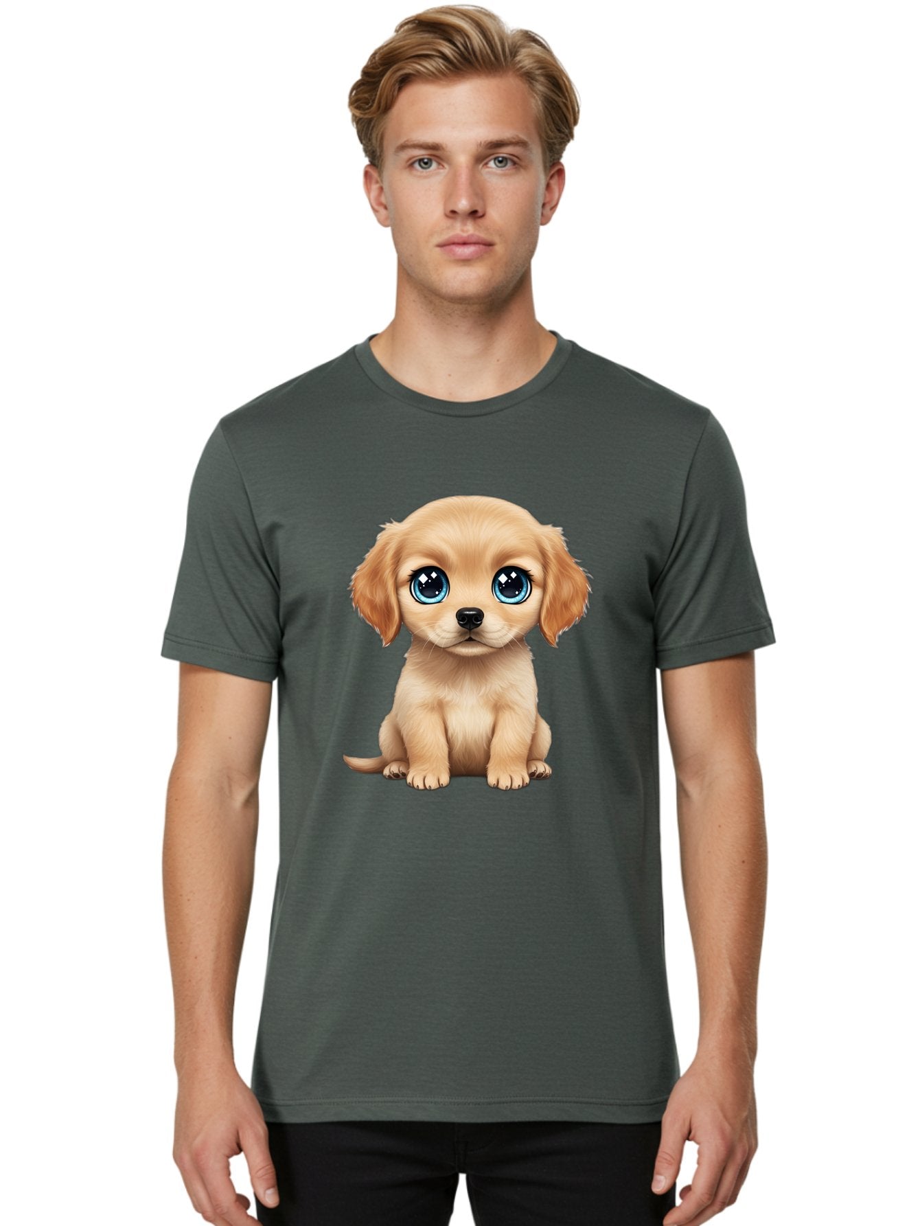 Puppy Men'S Graphic Tee, 100% Cotton, Comfortable Casual Summer Wear, Machine Washable, Adorable Puppy, Cute Dog, Blue Eyes, Fluffy Fur, Sweet Expression, Endearing Animal, Furry Friend, Digital Art, Cartoon Character, Playful, Charming Bac353 26