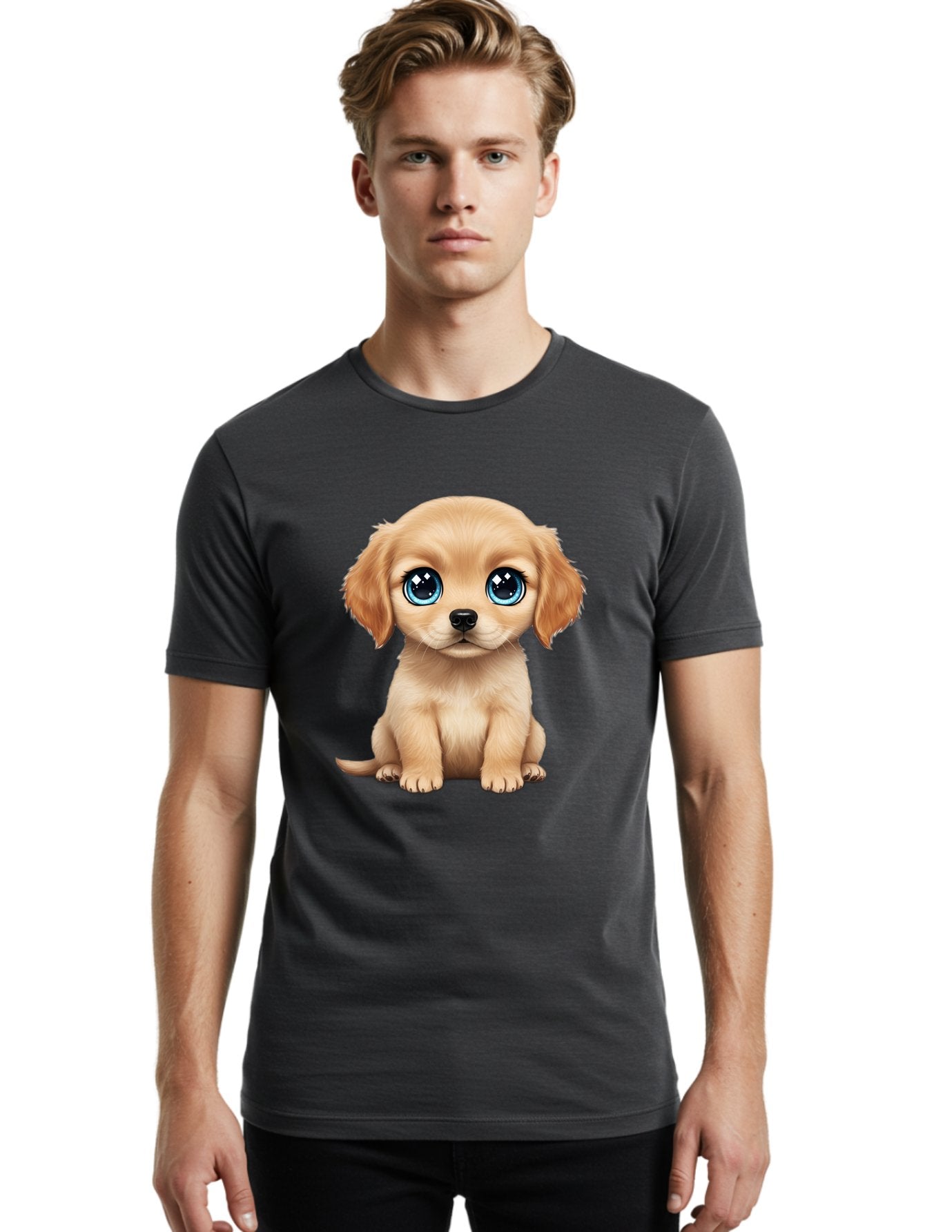 Puppy Men'S Graphic Tee, 100% Cotton, Comfortable Casual Summer Wear, Machine Washable, Adorable Puppy, Cute Dog, Blue Eyes, Fluffy Fur, Sweet Expression, Endearing Animal, Furry Friend, Digital Art, Cartoon Character, Playful, Charming Bac353 19
