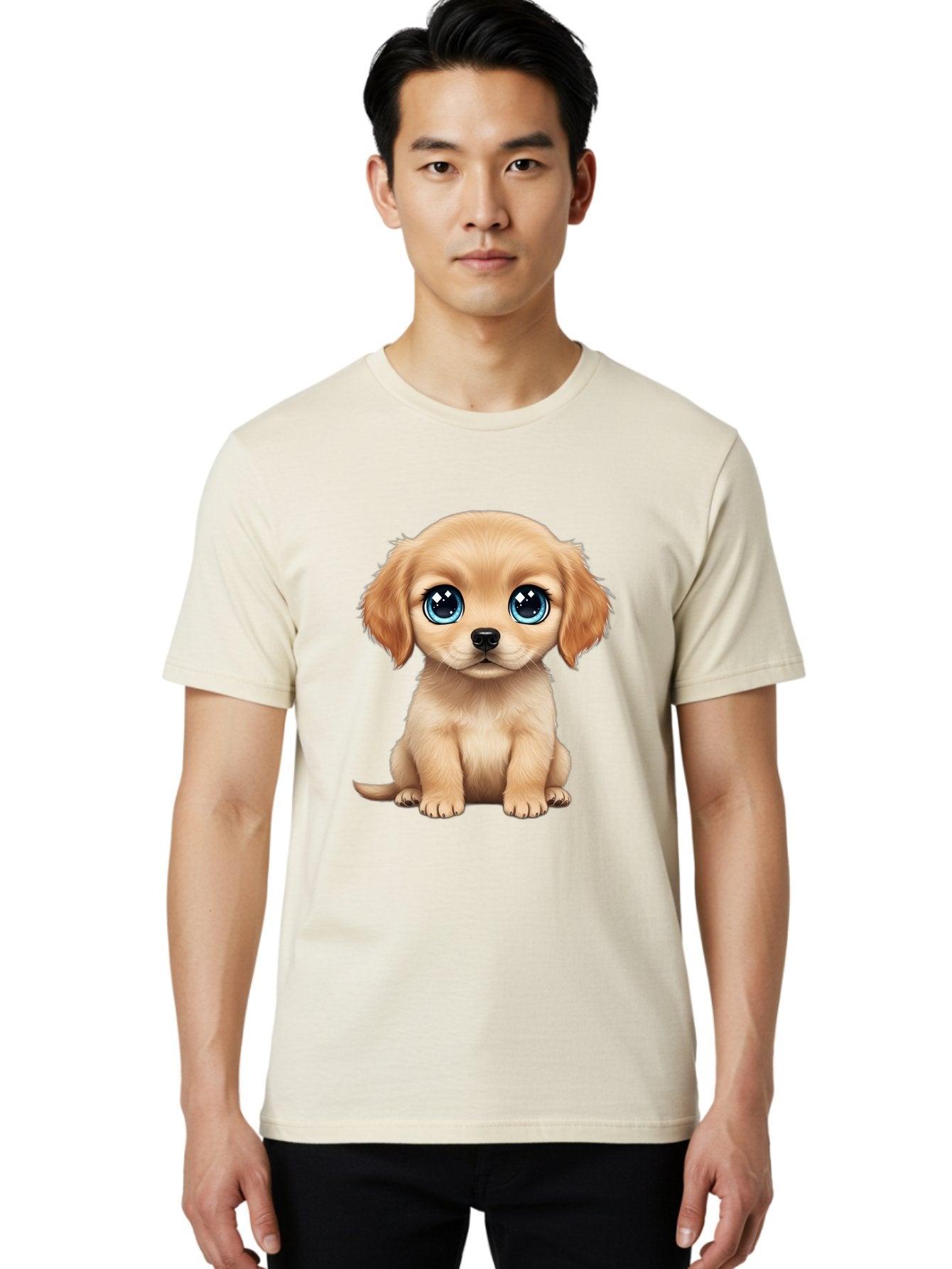 Puppy Men'S Graphic Tee, 100% Cotton, Comfortable Casual Summer Wear, Machine Washable, Adorable Puppy, Cute Dog, Blue Eyes, Fluffy Fur, Sweet Expression, Endearing Animal, Furry Friend, Digital Art, Cartoon Character, Playful, Charming Bac353 24