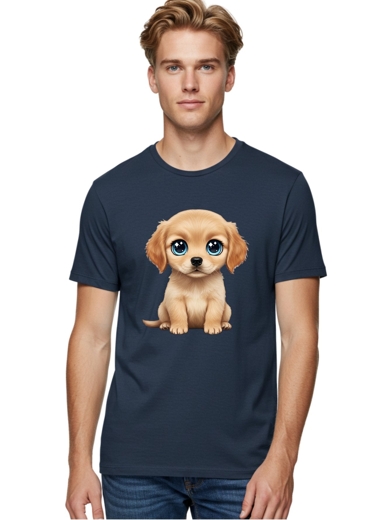 Puppy Men'S Graphic Tee, 100% Cotton, Comfortable Casual Summer Wear, Machine Washable, Adorable Puppy, Cute Dog, Blue Eyes, Fluffy Fur, Sweet Expression, Endearing Animal, Furry Friend, Digital Art, Cartoon Character, Playful, Charming Bac353 18