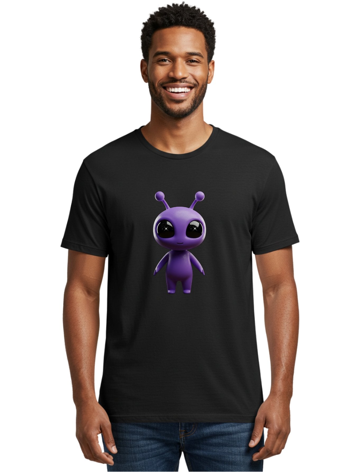 Purple-Alien-Character Men'S Graphic Tee, 100% Cotton, Comfortable Casual Summer Wear, Machine Washable, Cartoon Alien, Purple Creature, Large Eyes, Antennae, Simple Design, 3D Rendering, Kawaii Character, Digital Art, Fun Graphic, Bac354 18