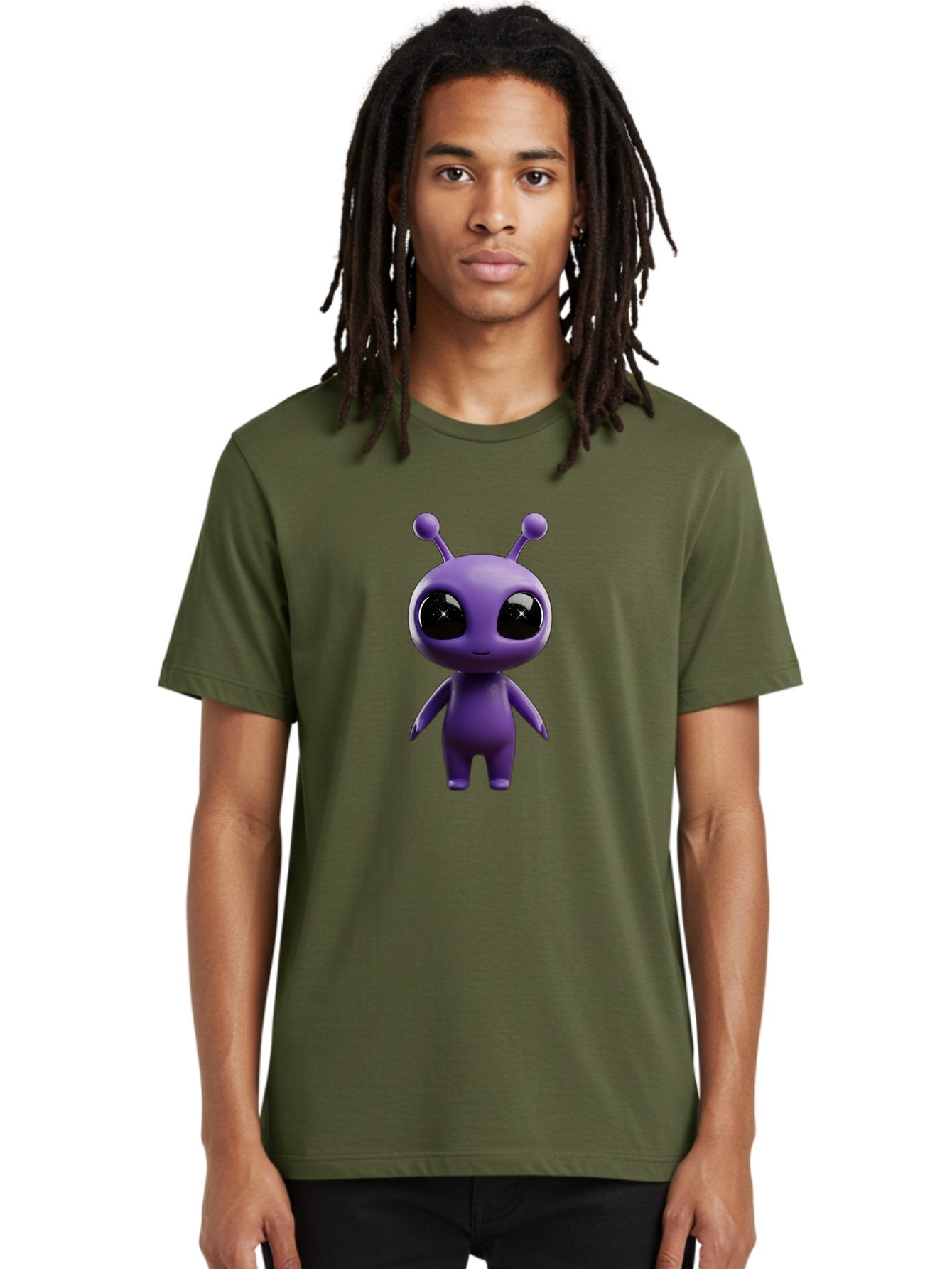 Purple-Alien-Character Men'S Graphic Tee, 100% Cotton, Comfortable Casual Summer Wear, Machine Washable, Cartoon Alien, Purple Creature, Large Eyes, Antennae, Simple Design, 3D Rendering, Kawaii Character, Digital Art, Fun Graphic, Bac354 21
