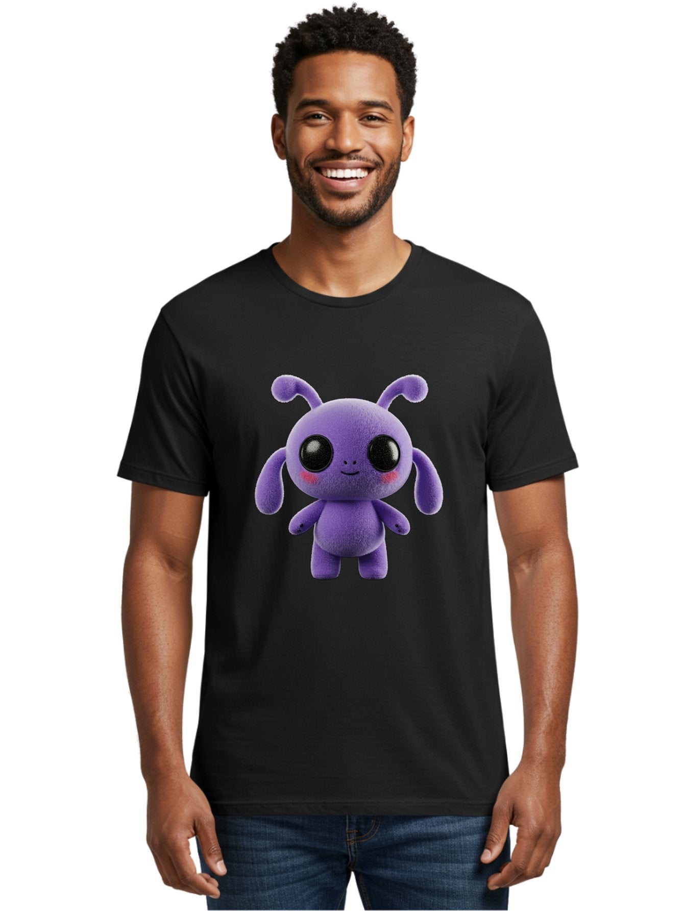 Purple-Alien Men'S Graphic Tee, 100% Cotton, Comfortable Casual Summer Wear, Machine Washable, Cute Alien Character, Soft Plush Toy, Purple Creature, Big Black Eyes, Smiling Face, Fluffy Texture, Whimsical Design, Adorable Illustration, Bac355 24