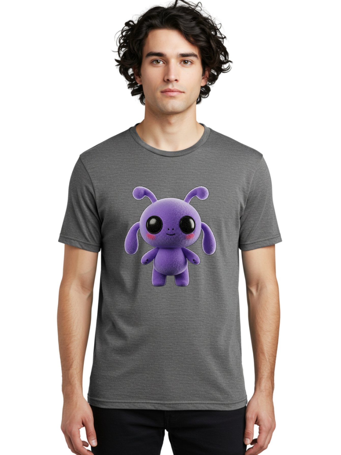 Purple-Alien Men'S Graphic Tee, 100% Cotton, Comfortable Casual Summer Wear, Machine Washable, Cute Alien Character, Soft Plush Toy, Purple Creature, Big Black Eyes, Smiling Face, Fluffy Texture, Whimsical Design, Adorable Illustration, Bac355 17