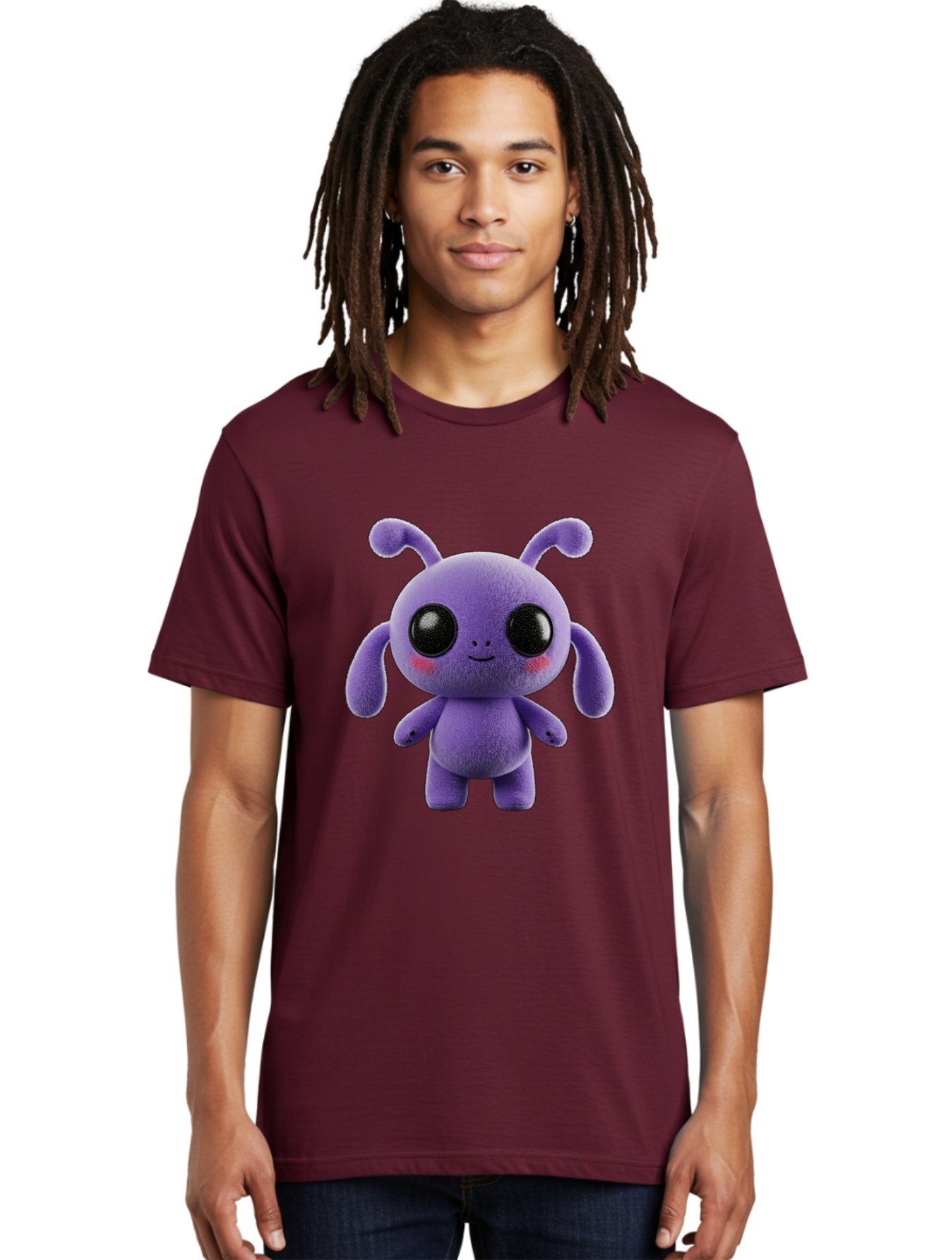 Purple-Alien Men'S Graphic Tee, 100% Cotton, Comfortable Casual Summer Wear, Machine Washable, Cute Alien Character, Soft Plush Toy, Purple Creature, Big Black Eyes, Smiling Face, Fluffy Texture, Whimsical Design, Adorable Illustration, Bac355 20