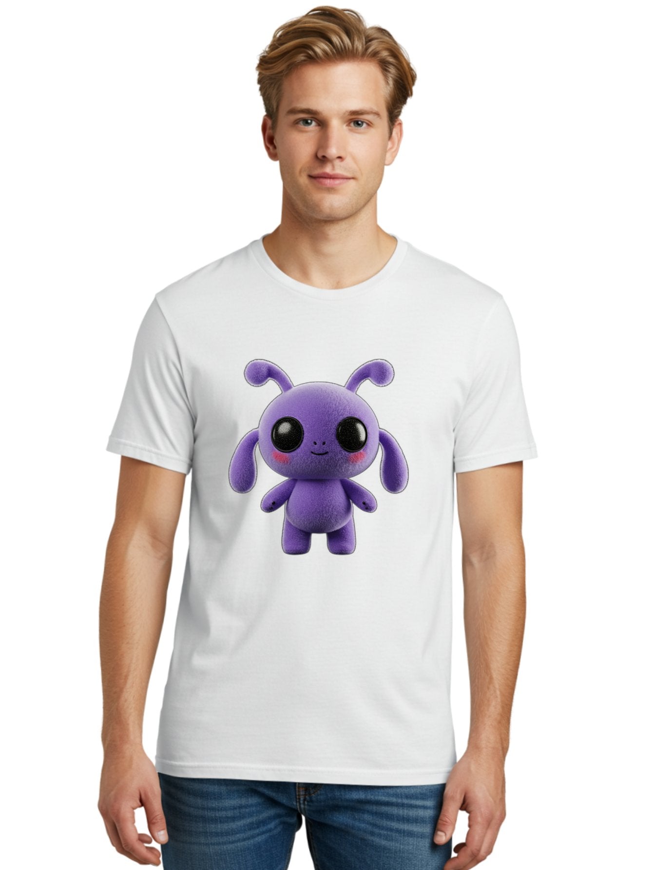 Purple-Alien Men'S Graphic Tee, 100% Cotton, Comfortable Casual Summer Wear, Machine Washable, Cute Alien Character, Soft Plush Toy, Purple Creature, Big Black Eyes, Smiling Face, Fluffy Texture, Whimsical Design, Adorable Illustration, Bac355 16