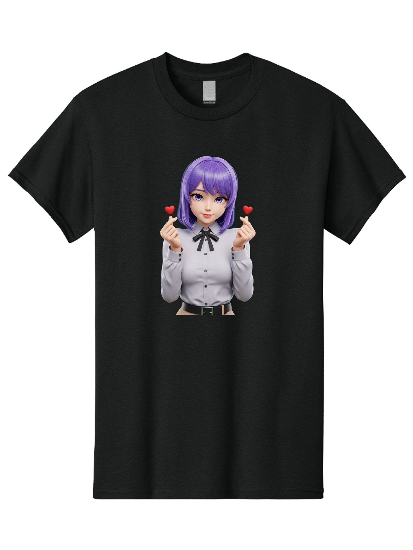 Purple-Hair-Anime-Girl Men'S Graphic Tee, 100% Cotton, Comfortable Casual Summer Wear, Machine Washable, Anime Style Girl, Purple Hair, White Shirt, Black Bow, Hearts On Fingers, Cute Expression, 3D Rendering, Digital Art, Kawaii Character, Bac357 6