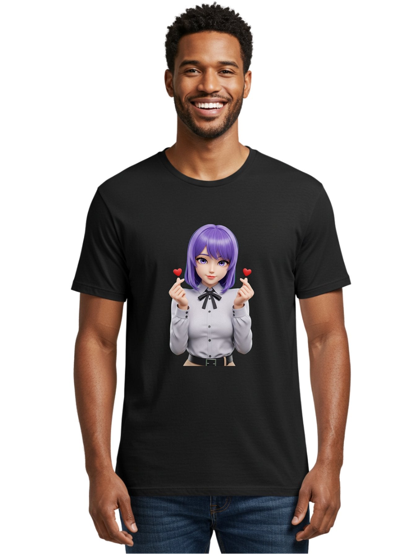 Purple-Hair-Anime-Girl Men'S Graphic Tee, 100% Cotton, Comfortable Casual Summer Wear, Machine Washable, Anime Style Girl, Purple Hair, White Shirt, Black Bow, Hearts On Fingers, Cute Expression, 3D Rendering, Digital Art, Kawaii Character, Bac357 24
