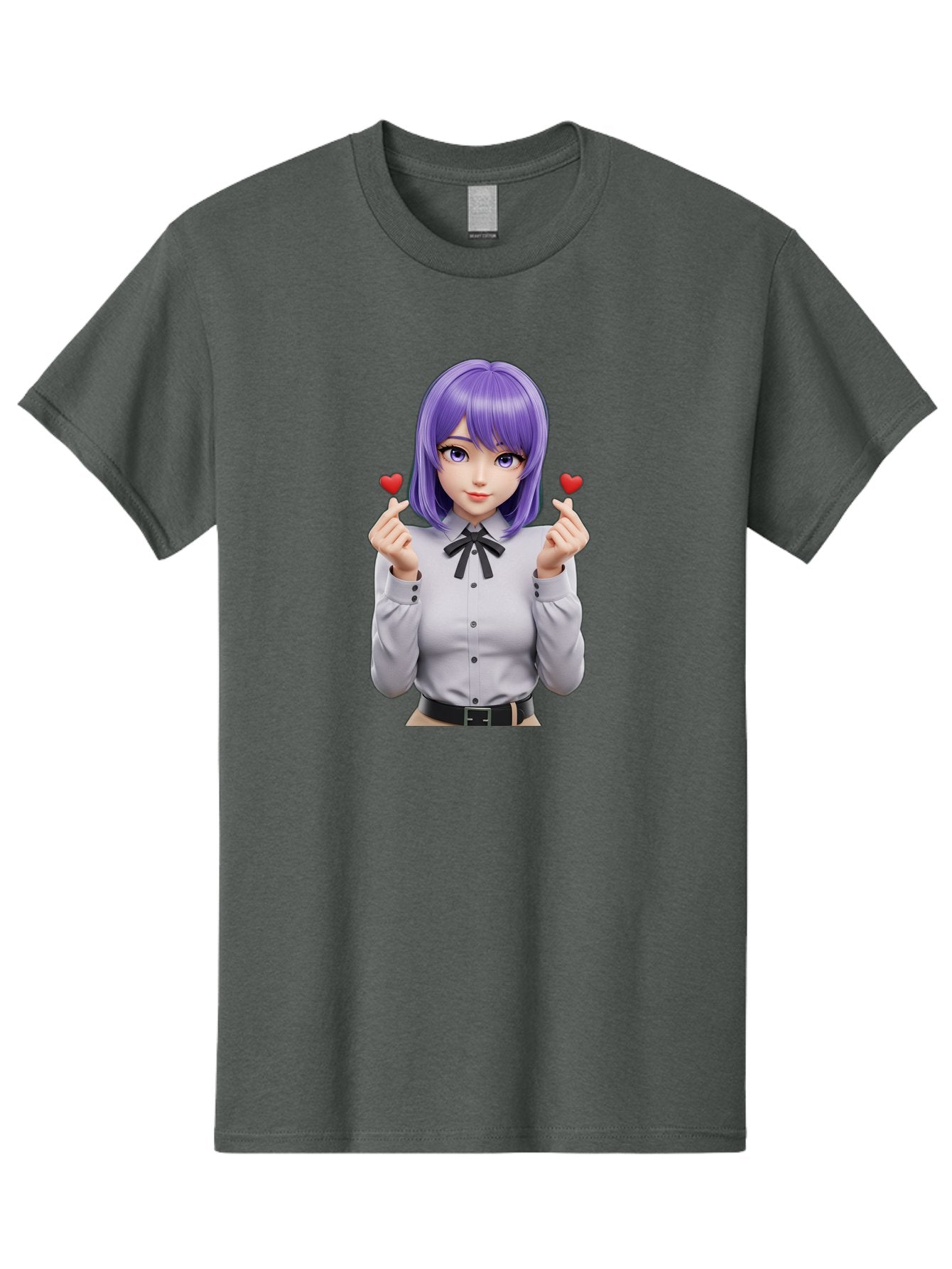 Purple-Hair-Anime-Girl Men'S Graphic Tee, 100% Cotton, Comfortable Casual Summer Wear, Machine Washable, Anime Style Girl, Purple Hair, White Shirt, Black Bow, Hearts On Fingers, Cute Expression, 3D Rendering, Digital Art, Kawaii Character, Bac357 13