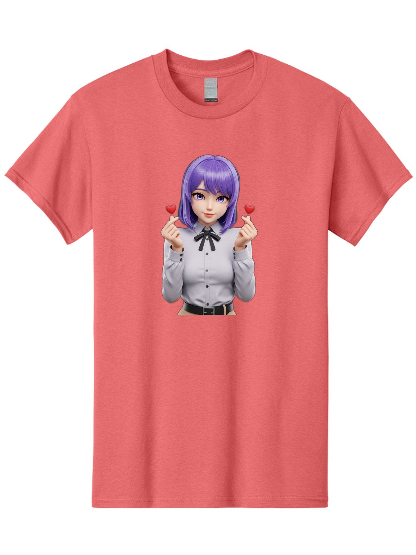 Purple-Hair-Anime-Girl Men'S Graphic Tee, 100% Cotton, Comfortable Casual Summer Wear, Machine Washable, Anime Style Girl, Purple Hair, White Shirt, Black Bow, Hearts On Fingers, Cute Expression, 3D Rendering, Digital Art, Kawaii Character, Bac357 5