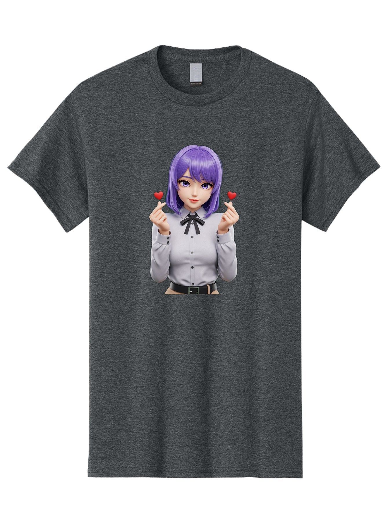 Purple-Hair-Anime-Girl Men'S Graphic Tee, 100% Cotton, Comfortable Casual Summer Wear, Machine Washable, Anime Style Girl, Purple Hair, White Shirt, Black Bow, Hearts On Fingers, Cute Expression, 3D Rendering, Digital Art, Kawaii Character, Bac357