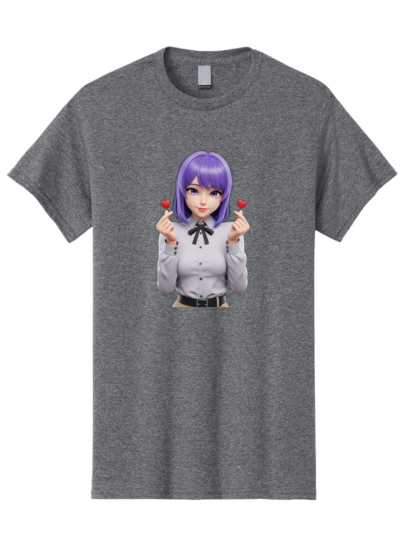 Purple-Hair-Anime-Girl Men'S Graphic Tee, 100% Cotton, Comfortable Casual Summer Wear, Machine Washable, Anime Style Girl, Purple Hair, White Shirt, Black Bow, Hearts On Fingers, Cute Expression, 3D Rendering, Digital Art, Kawaii Character, Bac357