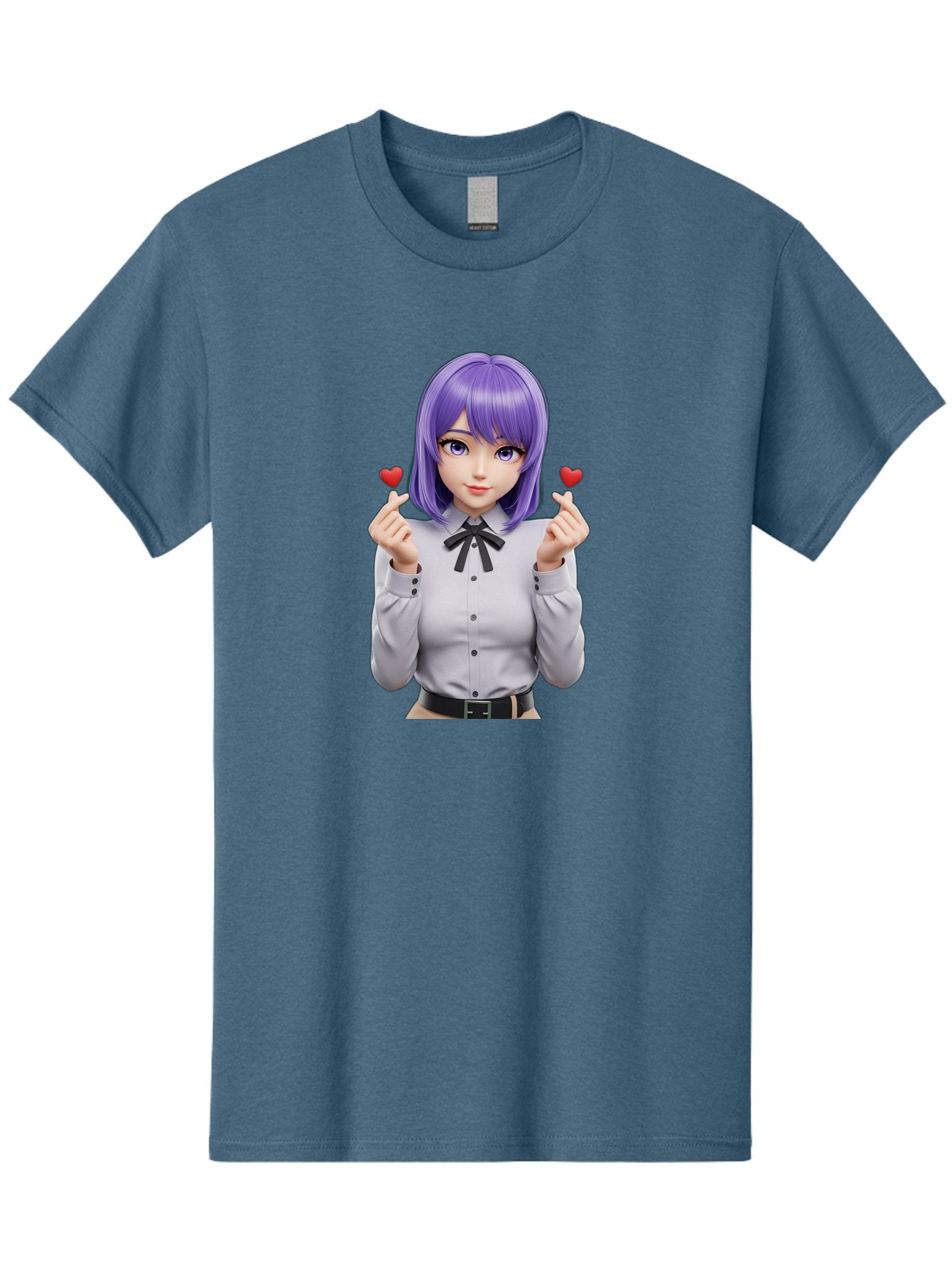 Purple-Hair-Anime-Girl Men'S Graphic Tee, 100% Cotton, Comfortable Casual Summer Wear, Machine Washable, Anime Style Girl, Purple Hair, White Shirt, Black Bow, Hearts On Fingers, Cute Expression, 3D Rendering, Digital Art, Kawaii Character, Bac357 8