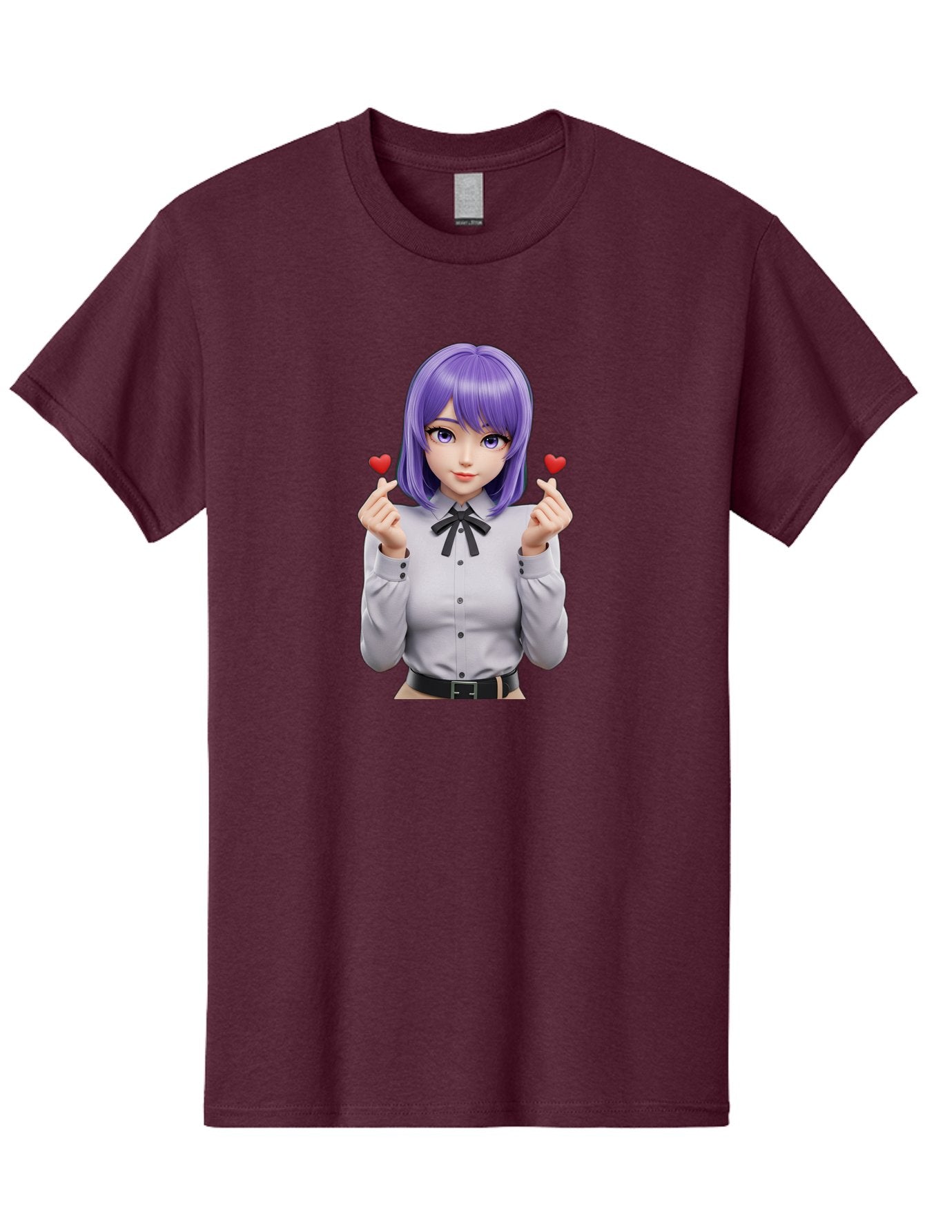 Purple-Hair-Anime-Girl Men'S Graphic Tee, 100% Cotton, Comfortable Casual Summer Wear, Machine Washable, Anime Style Girl, Purple Hair, White Shirt, Black Bow, Hearts On Fingers, Cute Expression, 3D Rendering, Digital Art, Kawaii Character, Bac357 12