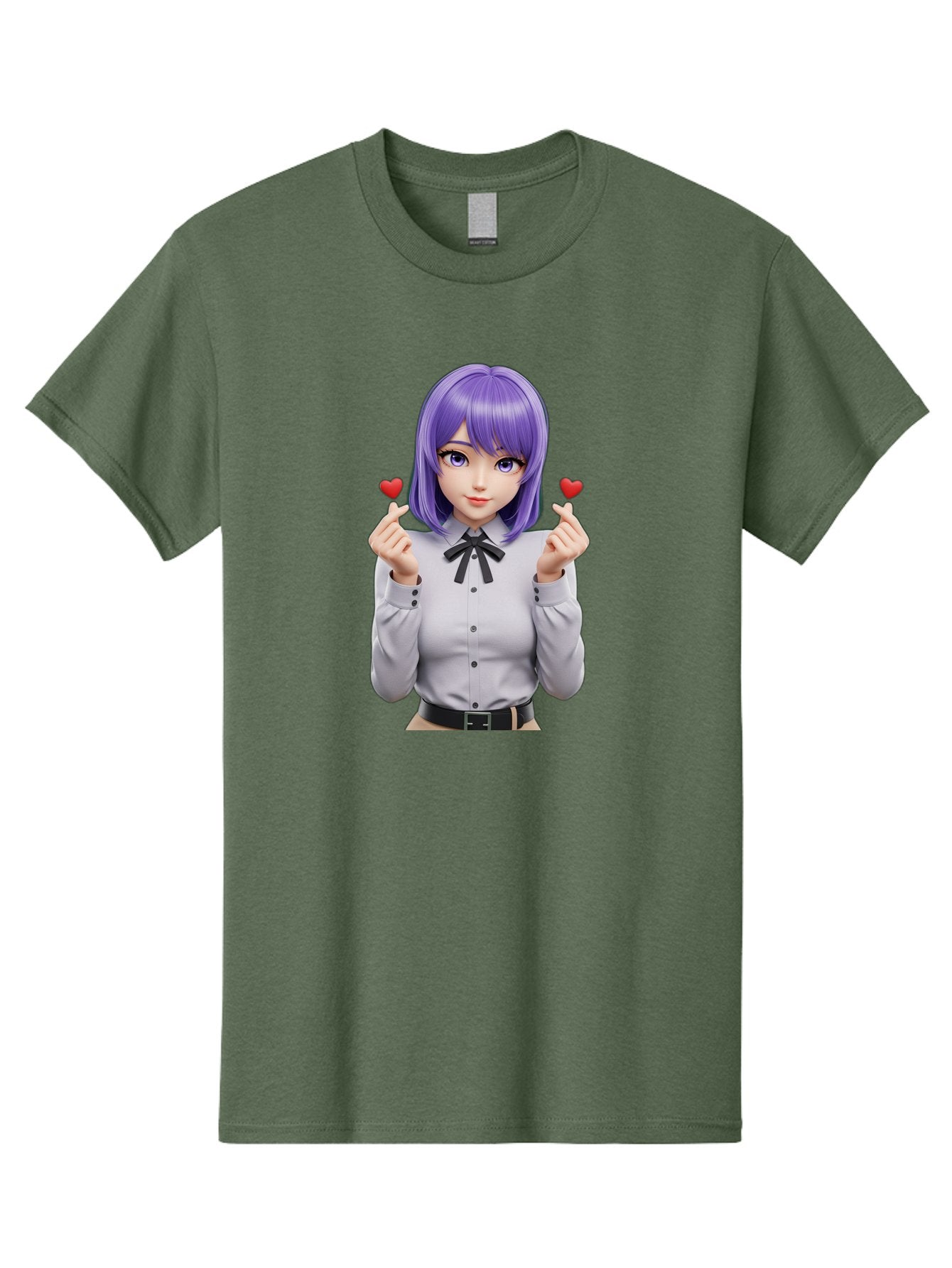 Purple-Hair-Anime-Girl Men'S Graphic Tee, 100% Cotton, Comfortable Casual Summer Wear, Machine Washable, Anime Style Girl, Purple Hair, White Shirt, Black Bow, Hearts On Fingers, Cute Expression, 3D Rendering, Digital Art, Kawaii Character, Bac357 7