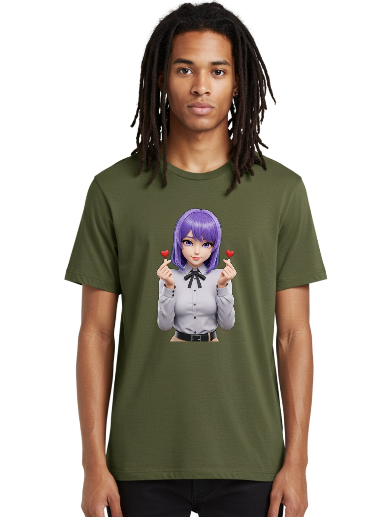 Purple-Hair-Anime-Girl Men'S Graphic Tee, 100% Cotton, Comfortable Casual Summer Wear, Machine Washable, Anime Style Girl, Purple Hair, White Shirt, Black Bow, Hearts On Fingers, Cute Expression, 3D Rendering, Digital Art, Kawaii Character, Bac357 16