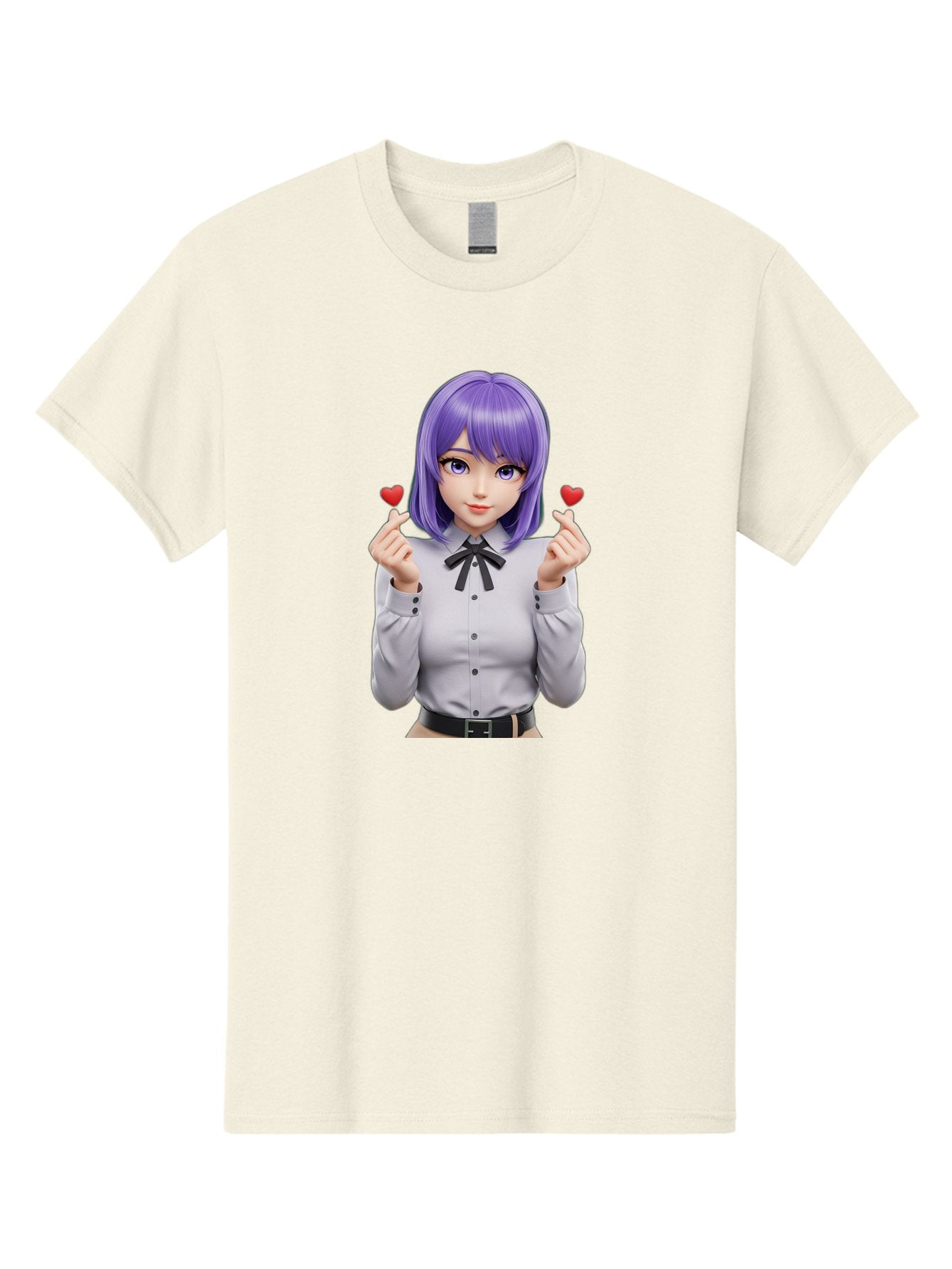 Purple-Hair-Anime-Girl Men'S Graphic Tee, 100% Cotton, Comfortable Casual Summer Wear, Machine Washable, Anime Style Girl, Purple Hair, White Shirt, Black Bow, Hearts On Fingers, Cute Expression, 3D Rendering, Digital Art, Kawaii Character, Bac357 3