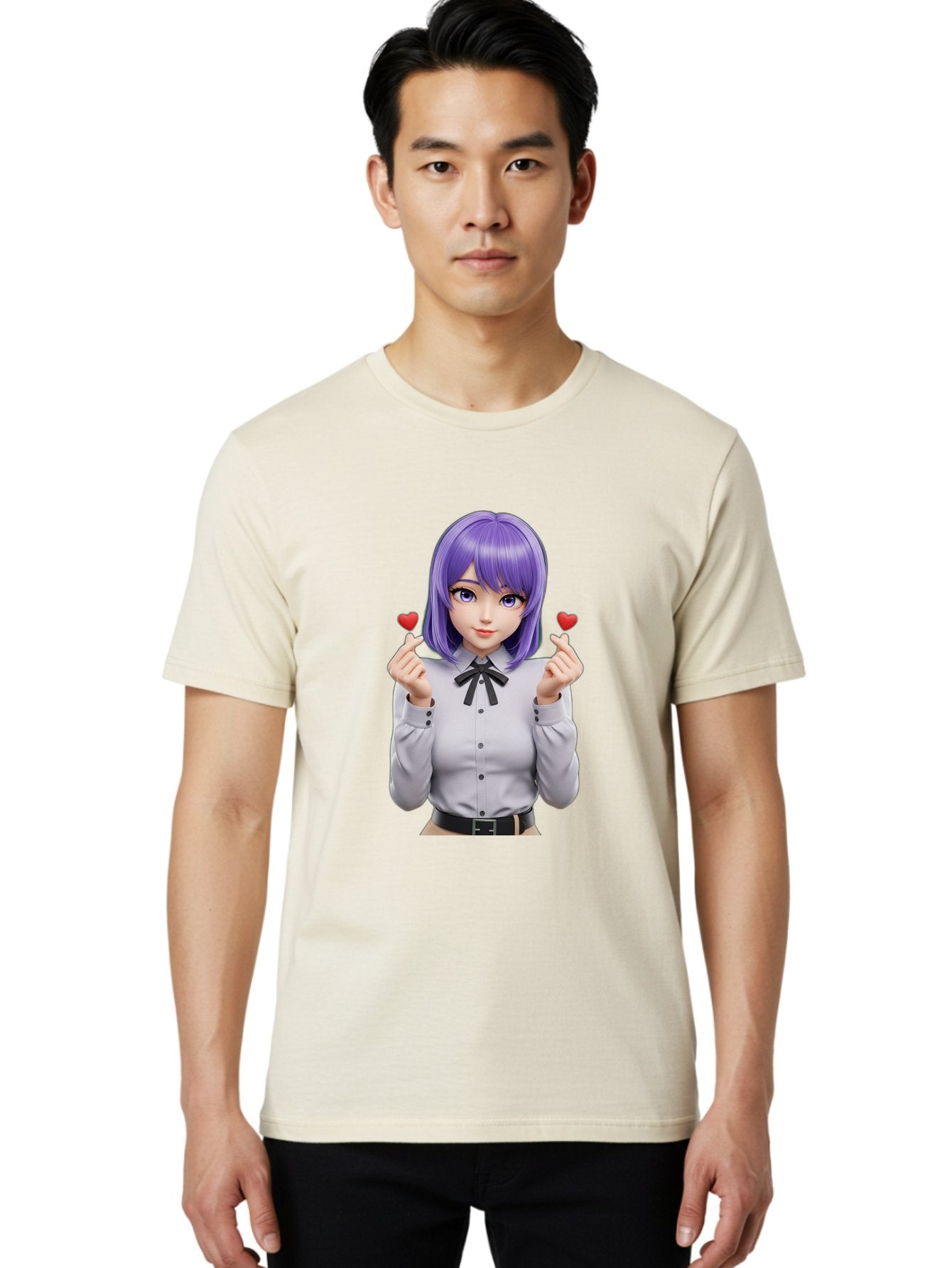 Purple-Hair-Anime-Girl Men'S Graphic Tee, 100% Cotton, Comfortable Casual Summer Wear, Machine Washable, Anime Style Girl, Purple Hair, White Shirt, Black Bow, Hearts On Fingers, Cute Expression, 3D Rendering, Digital Art, Kawaii Character, Bac357 22