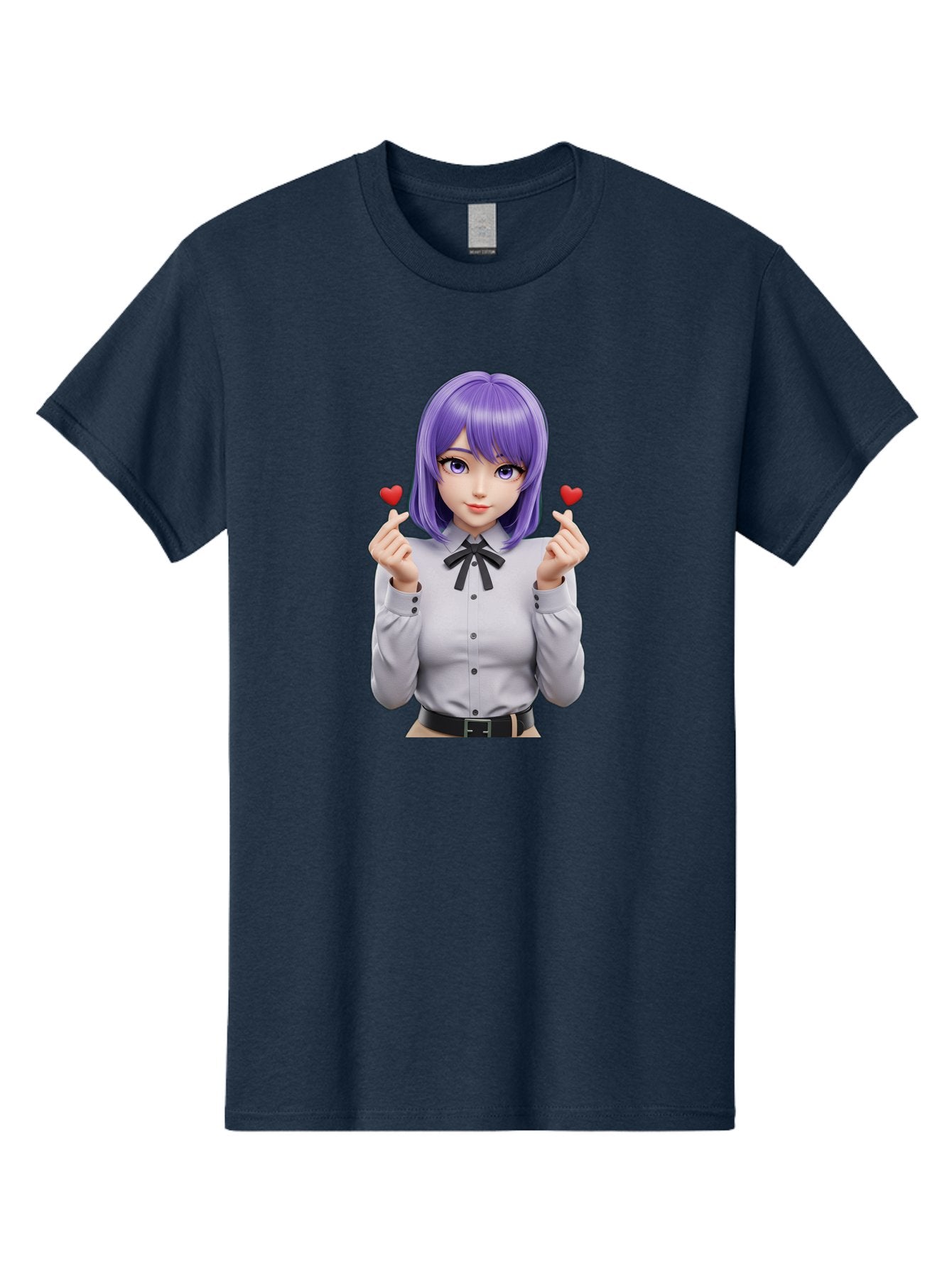 Purple-Hair-Anime-Girl Men'S Graphic Tee, 100% Cotton, Comfortable Casual Summer Wear, Machine Washable, Anime Style Girl, Purple Hair, White Shirt, Black Bow, Hearts On Fingers, Cute Expression, 3D Rendering, Digital Art, Kawaii Character, Bac357 15