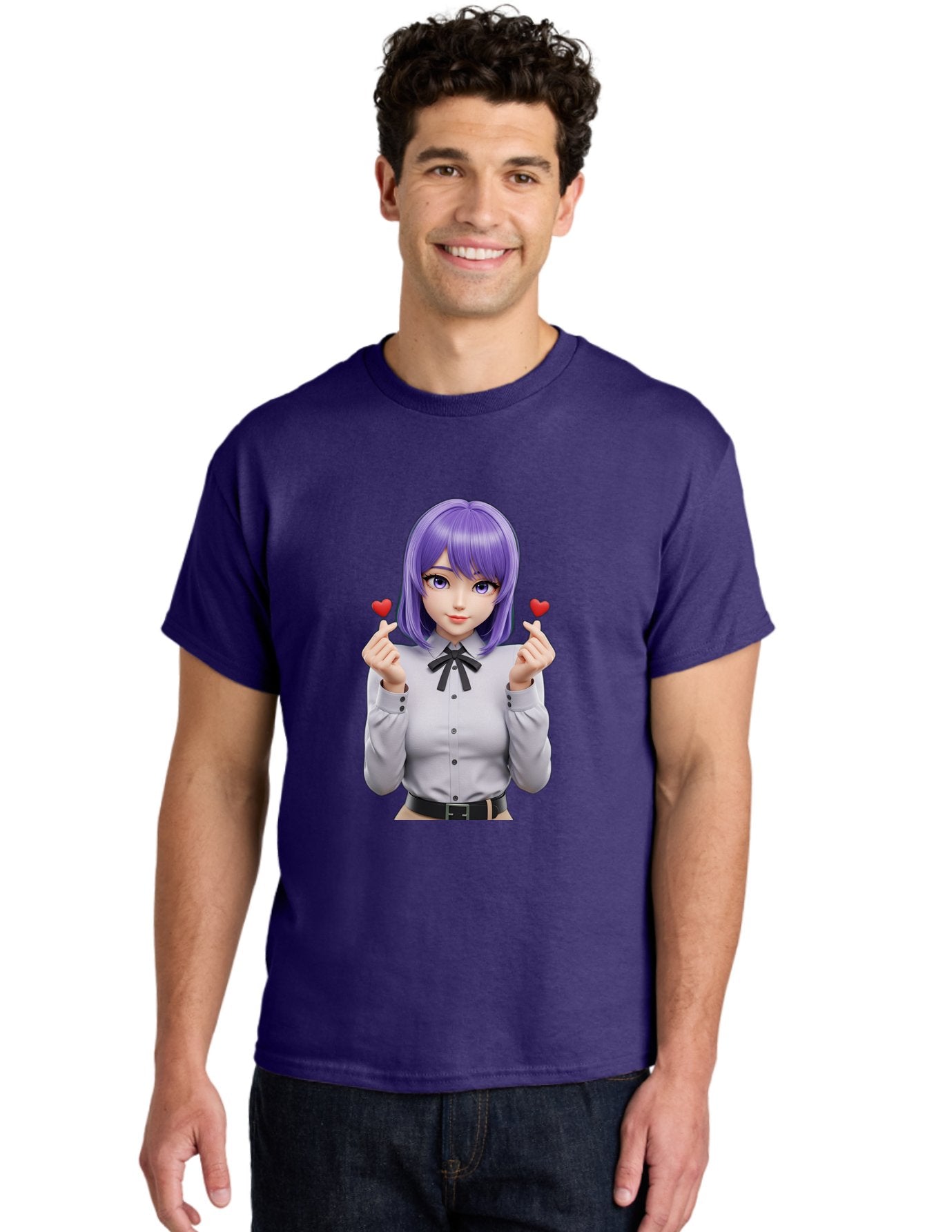 Purple-Hair-Anime-Girl Men'S Graphic Tee, 100% Cotton, Comfortable Casual Summer Wear, Machine Washable, Anime Style Girl, Purple Hair, White Shirt, Black Bow, Hearts On Fingers, Cute Expression, 3D Rendering, Digital Art, Kawaii Character, Bac357 29
