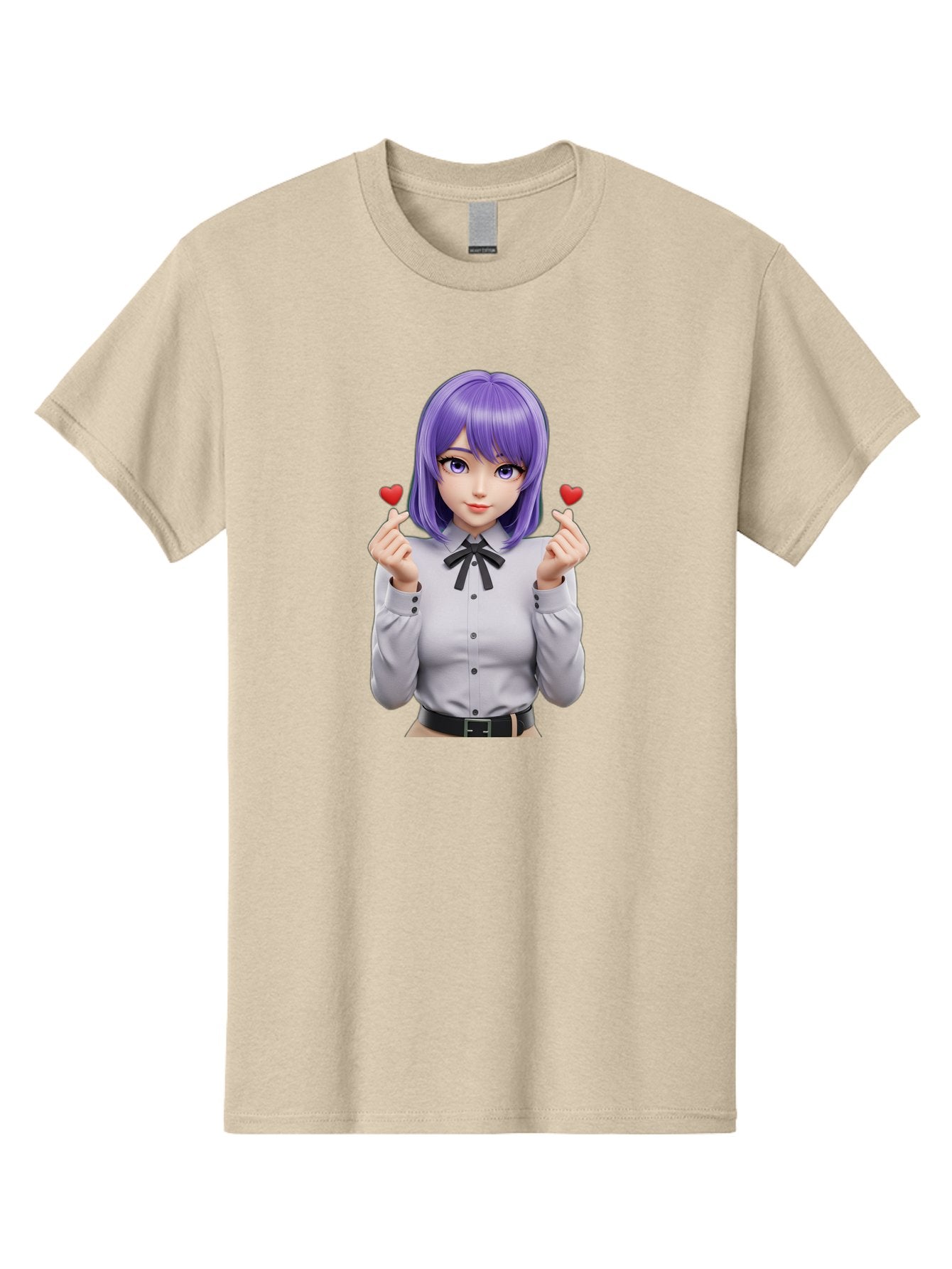 Purple-Hair-Anime-Girl Men'S Graphic Tee, 100% Cotton, Comfortable Casual Summer Wear, Machine Washable, Anime Style Girl, Purple Hair, White Shirt, Black Bow, Hearts On Fingers, Cute Expression, 3D Rendering, Digital Art, Kawaii Character, Bac357 9