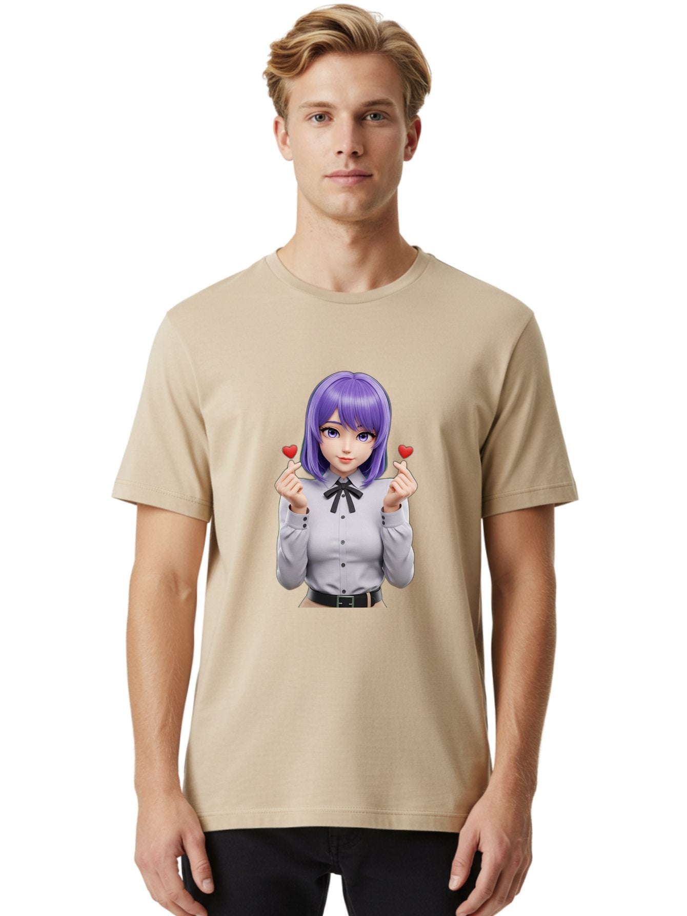 Purple-Hair-Anime-Girl Men'S Graphic Tee, 100% Cotton, Comfortable Casual Summer Wear, Machine Washable, Anime Style Girl, Purple Hair, White Shirt, Black Bow, Hearts On Fingers, Cute Expression, 3D Rendering, Digital Art, Kawaii Character, Bac357 26