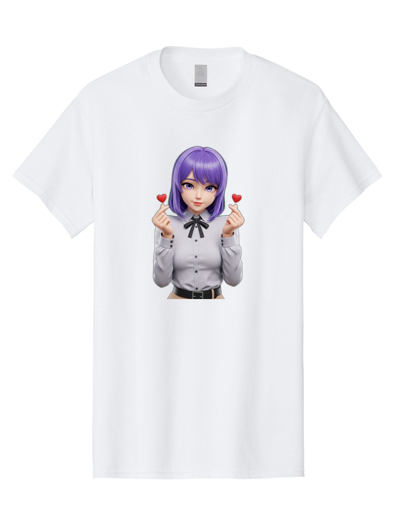 Purple-Hair-Anime-Girl Men'S Graphic Tee, 100% Cotton, Comfortable Casual Summer Wear, Machine Washable, Anime Style Girl, Purple Hair, White Shirt, Black Bow, Hearts On Fingers, Cute Expression, 3D Rendering, Digital Art, Kawaii Character, Bac357 11