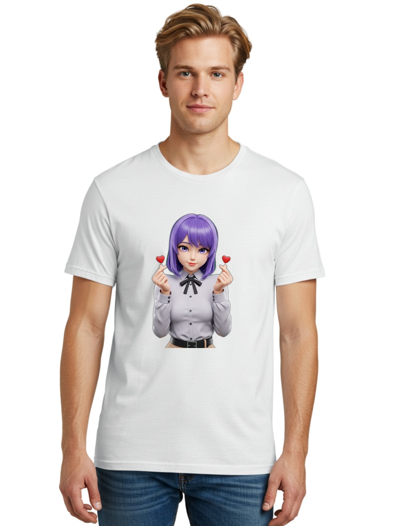 Purple-Hair-Anime-Girl Men'S Graphic Tee, 100% Cotton, Comfortable Casual Summer Wear, Machine Washable, Anime Style Girl, Purple Hair, White Shirt, Black Bow, Hearts On Fingers, Cute Expression, 3D Rendering, Digital Art, Kawaii Character, Bac357 27