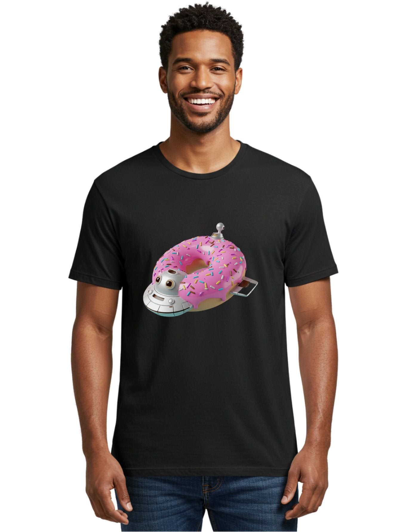 R2D2-Donut Men'S Graphic Tee, 100% Cotton, Comfortable Casual Summer Wear, Machine Washable, Pink Frosted Donut, Rainbow Sprinkles, R2D2 Robot, Star Wars Character, Sweet Treats, Whimsical Design, Playful Illustration, Colorful Dessert, Bac359 25