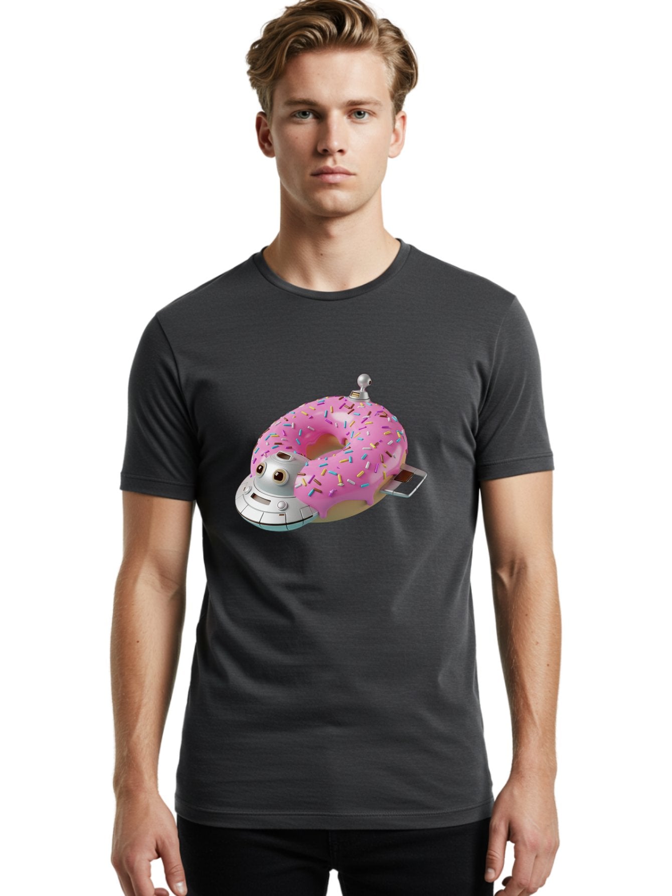 R2D2-Donut Men'S Graphic Tee, 100% Cotton, Comfortable Casual Summer Wear, Machine Washable, Pink Frosted Donut, Rainbow Sprinkles, R2D2 Robot, Star Wars Character, Sweet Treats, Whimsical Design, Playful Illustration, Colorful Dessert, Bac359 23