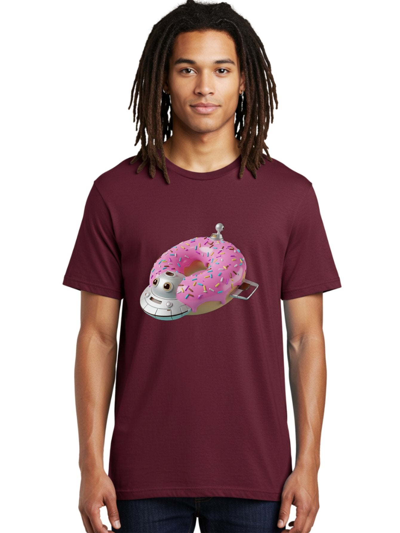 R2D2-Donut Men'S Graphic Tee, 100% Cotton, Comfortable Casual Summer Wear, Machine Washable, Pink Frosted Donut, Rainbow Sprinkles, R2D2 Robot, Star Wars Character, Sweet Treats, Whimsical Design, Playful Illustration, Colorful Dessert, Bac359 30