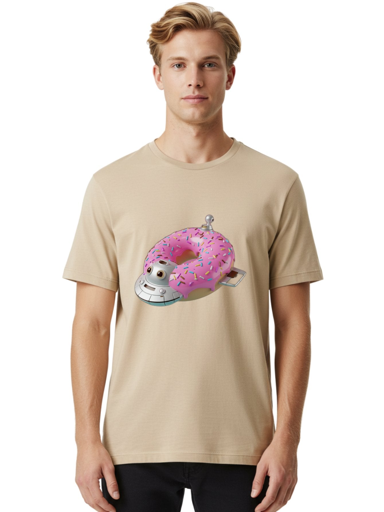 R2D2-Donut Men'S Graphic Tee, 100% Cotton, Comfortable Casual Summer Wear, Machine Washable, Pink Frosted Donut, Rainbow Sprinkles, R2D2 Robot, Star Wars Character, Sweet Treats, Whimsical Design, Playful Illustration, Colorful Dessert, Bac359 16