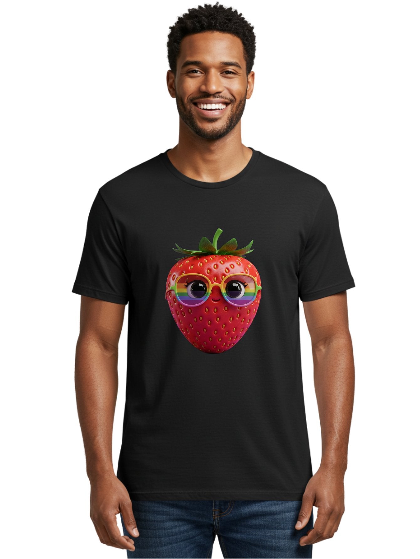 Rainbow-Strawberry Men'S Graphic Tee, 100% Cotton, Comfortable Casual Summer Wear, Machine Washable, Strawberry With Glasses, Rainbow Reflection, Cute Cartoon Character, Fun Fruit, Vibrant Colors, Playful Design, Summer Vibes, Sweet Treat, Bac360 16