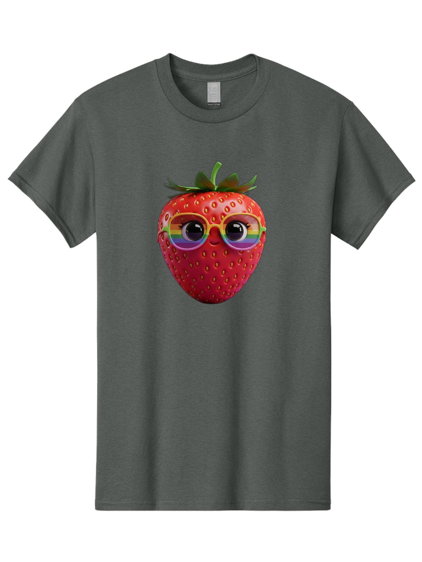 Rainbow-Strawberry Men'S Graphic Tee, 100% Cotton, Comfortable Casual Summer Wear, Machine Washable, Strawberry With Glasses, Rainbow Reflection, Cute Cartoon Character, Fun Fruit, Vibrant Colors, Playful Design, Summer Vibes, Sweet Treat, Bac360