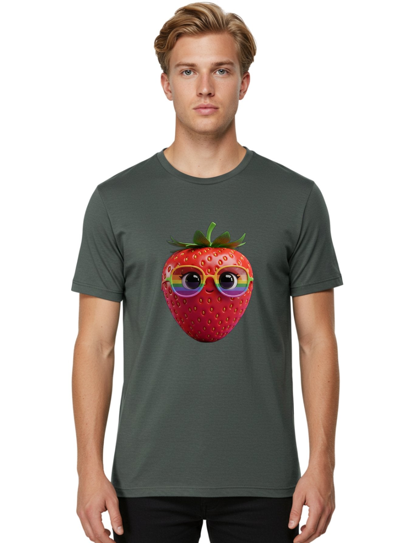 Rainbow-Strawberry Men'S Graphic Tee, 100% Cotton, Comfortable Casual Summer Wear, Machine Washable, Strawberry With Glasses, Rainbow Reflection, Cute Cartoon Character, Fun Fruit, Vibrant Colors, Playful Design, Summer Vibes, Sweet Treat, Bac360 21