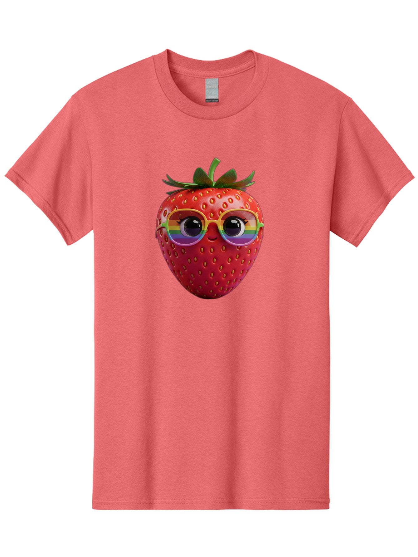 Rainbow-Strawberry Men'S Graphic Tee, 100% Cotton, Comfortable Casual Summer Wear, Machine Washable, Strawberry With Glasses, Rainbow Reflection, Cute Cartoon Character, Fun Fruit, Vibrant Colors, Playful Design, Summer Vibes, Sweet Treat, Bac360 8