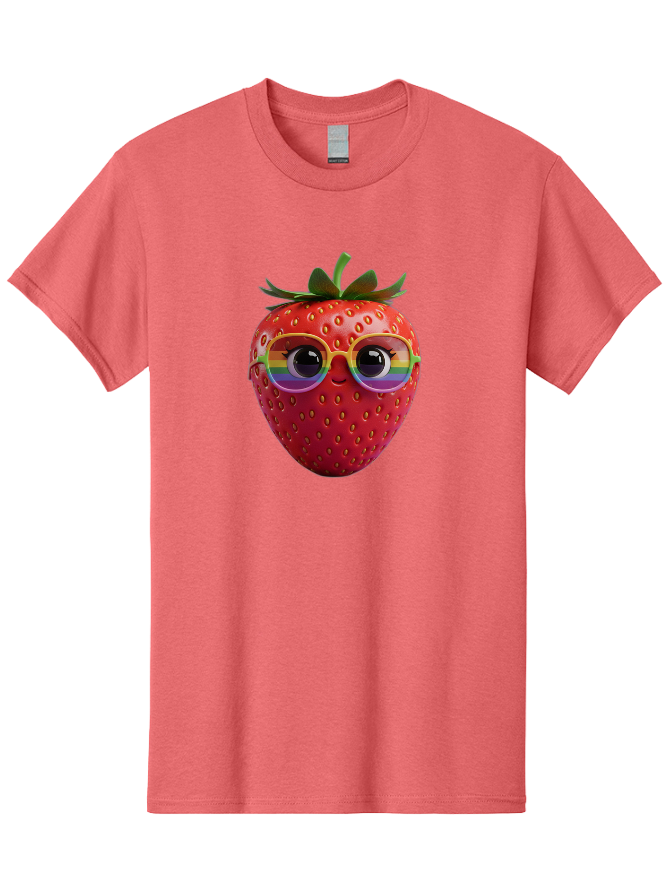 Rainbow-Strawberry Men'S Graphic Tee, 100% Cotton, Comfortable Casual Summer Wear, Machine Washable, Strawberry With Glasses, Rainbow Reflection, Cute Cartoon Character, Fun Fruit, Vibrant Colors, Playful Design, Summer Vibes, Sweet Treat, Bac360 6
