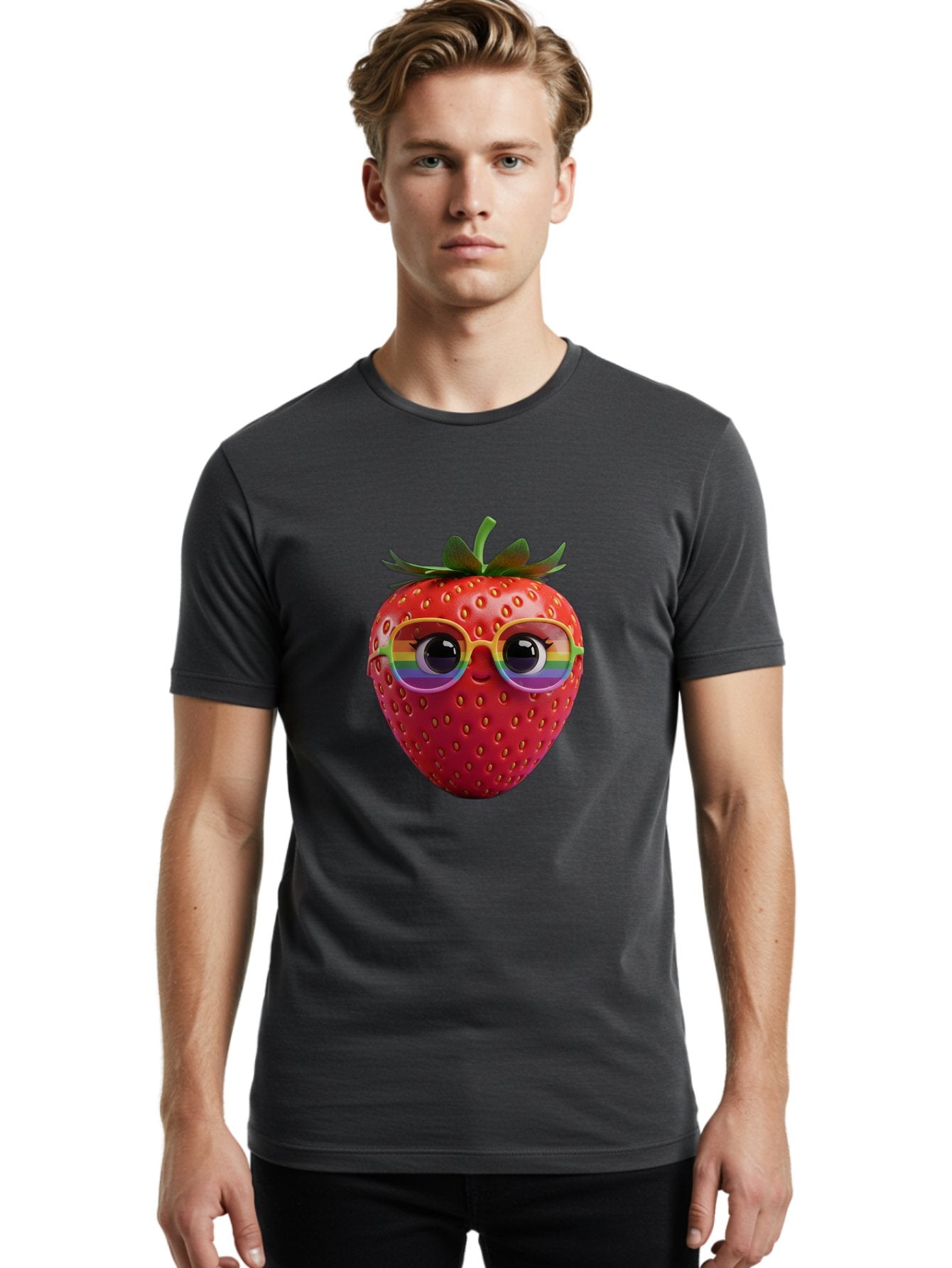 Rainbow-Strawberry Men'S Graphic Tee, 100% Cotton, Comfortable Casual Summer Wear, Machine Washable, Strawberry With Glasses, Rainbow Reflection, Cute Cartoon Character, Fun Fruit, Vibrant Colors, Playful Design, Summer Vibes, Sweet Treat, Bac360 17