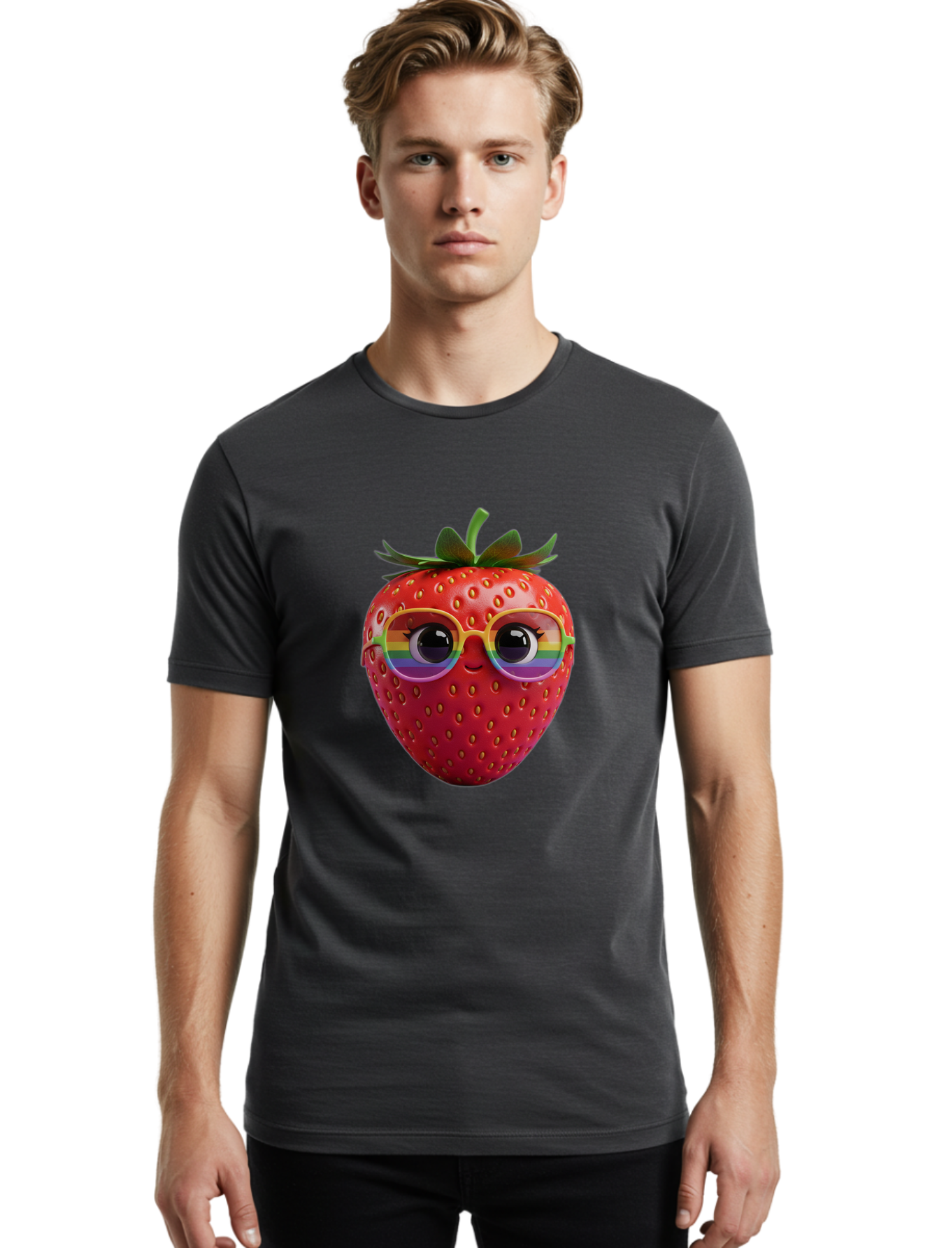 Rainbow-Strawberry Men'S Graphic Tee, 100% Cotton, Comfortable Casual Summer Wear, Machine Washable, Strawberry With Glasses, Rainbow Reflection, Cute Cartoon Character, Fun Fruit, Vibrant Colors, Playful Design, Summer Vibes, Sweet Treat, Bac360 29