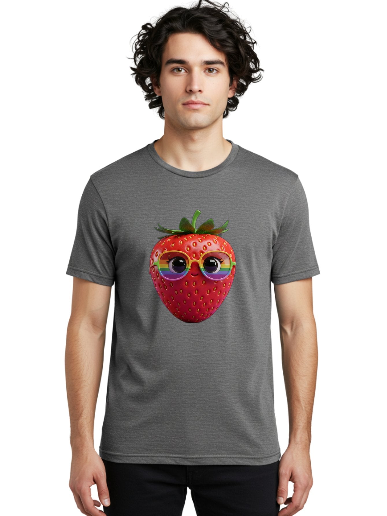 Rainbow-Strawberry Men'S Graphic Tee, 100% Cotton, Comfortable Casual Summer Wear, Machine Washable, Strawberry With Glasses, Rainbow Reflection, Cute Cartoon Character, Fun Fruit, Vibrant Colors, Playful Design, Summer Vibes, Sweet Treat, Bac360 29