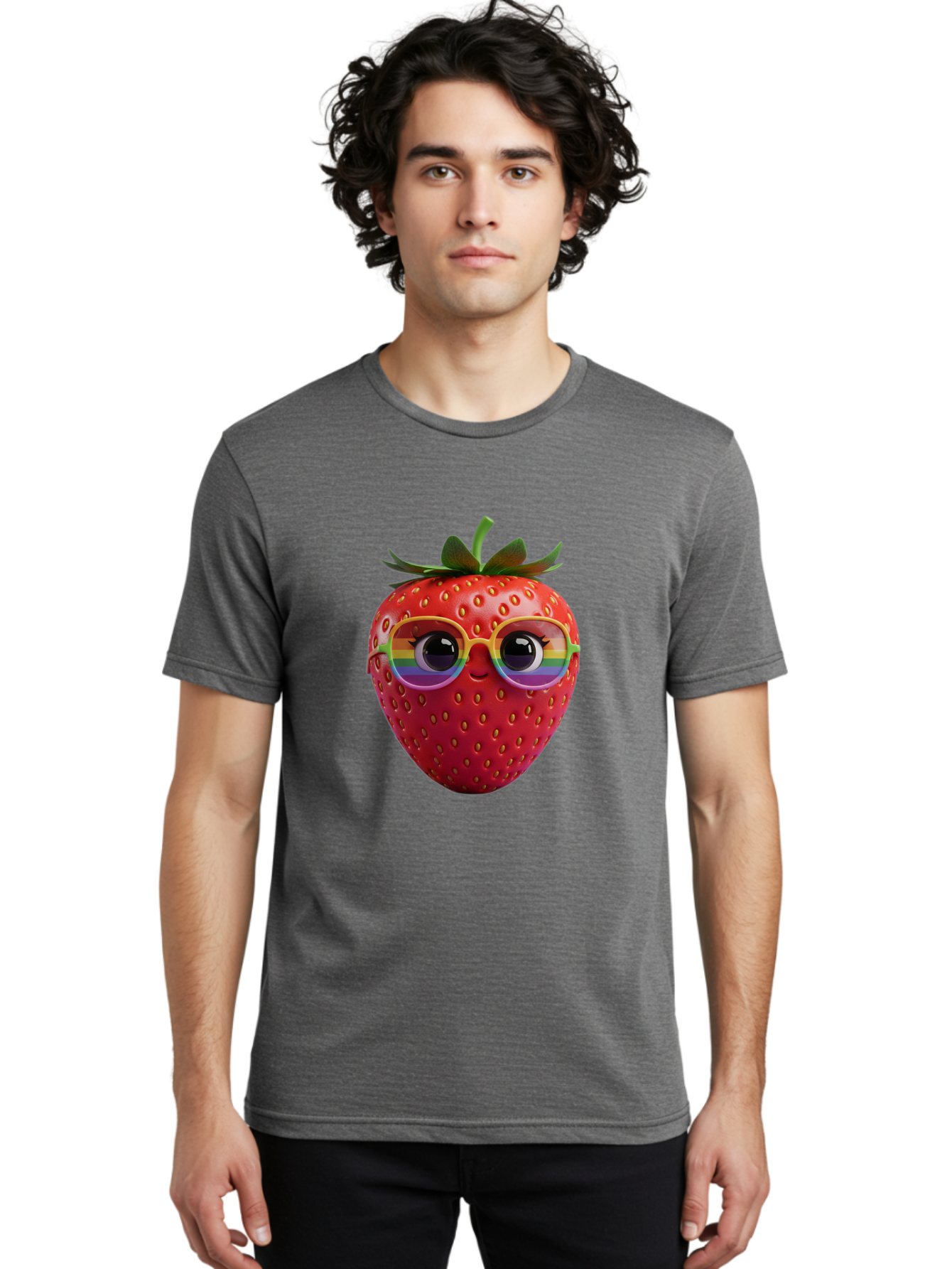 Rainbow-Strawberry Men'S Graphic Tee, 100% Cotton, Comfortable Casual Summer Wear, Machine Washable, Strawberry With Glasses, Rainbow Reflection, Cute Cartoon Character, Fun Fruit, Vibrant Colors, Playful Design, Summer Vibes, Sweet Treat, Bac360 17